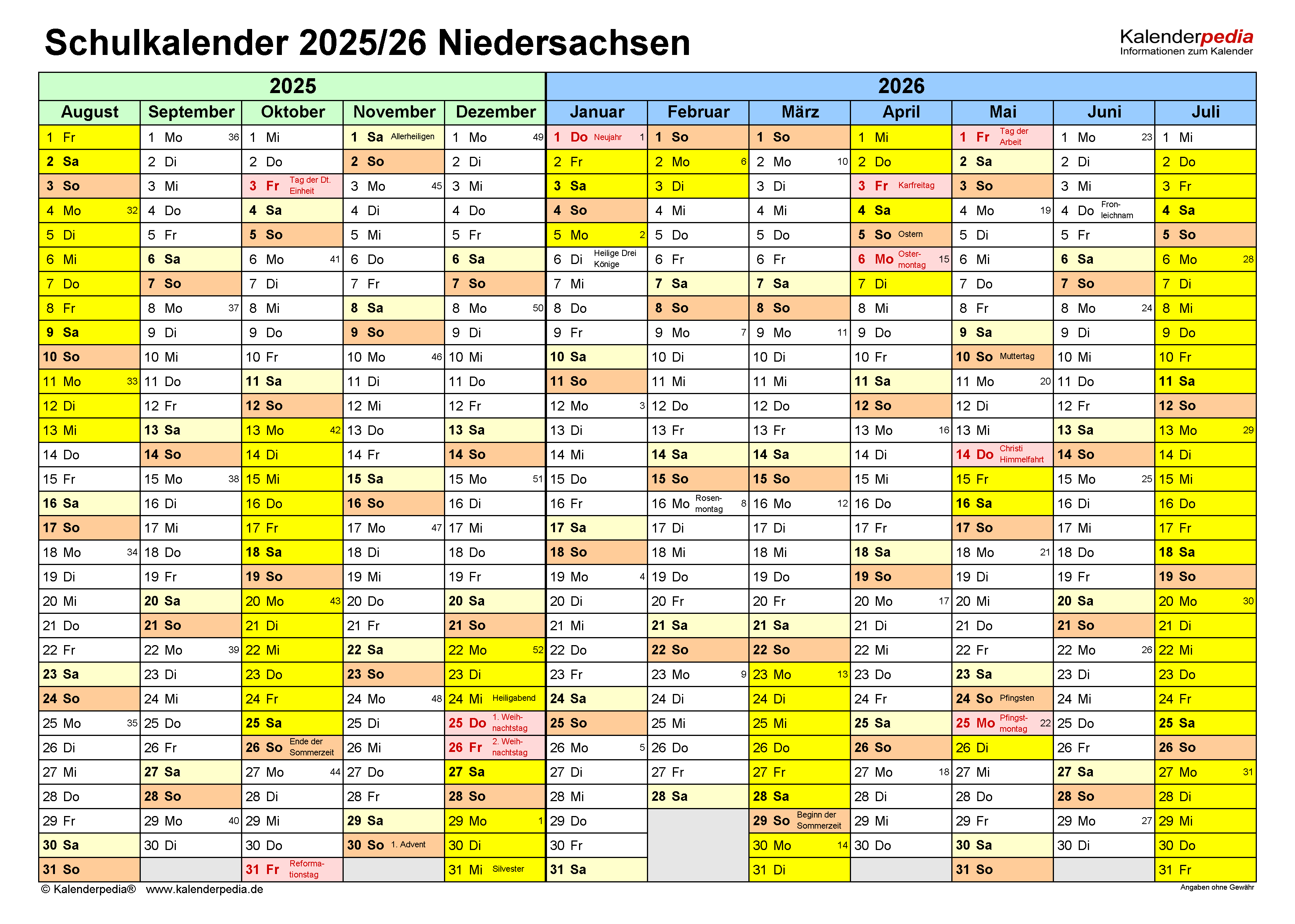  Schulkalender 2025/2026 Niedersachsen für PDF Bildidee 