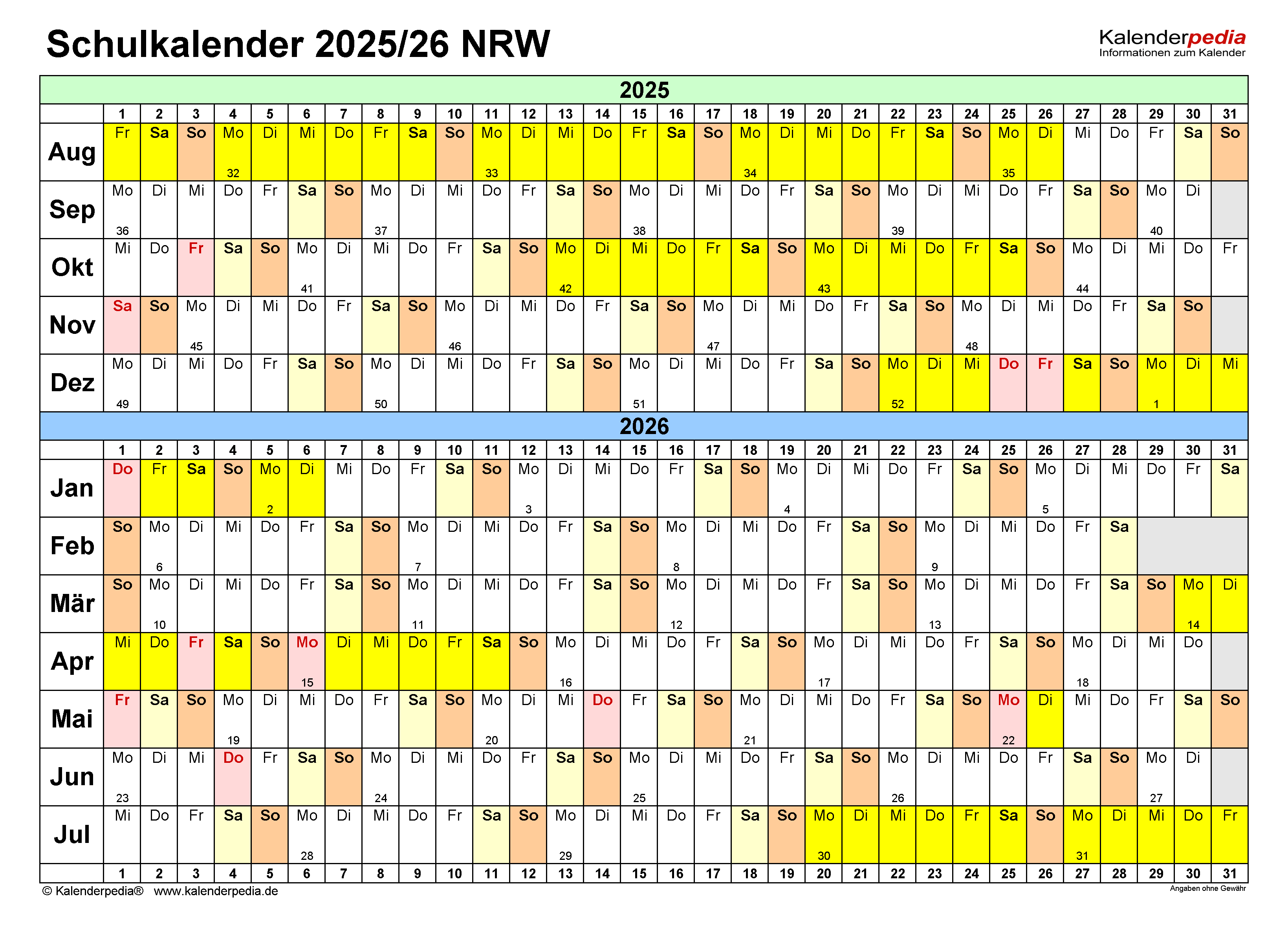  Schulkalender 2025/2026 NRW für PDF Motiv 