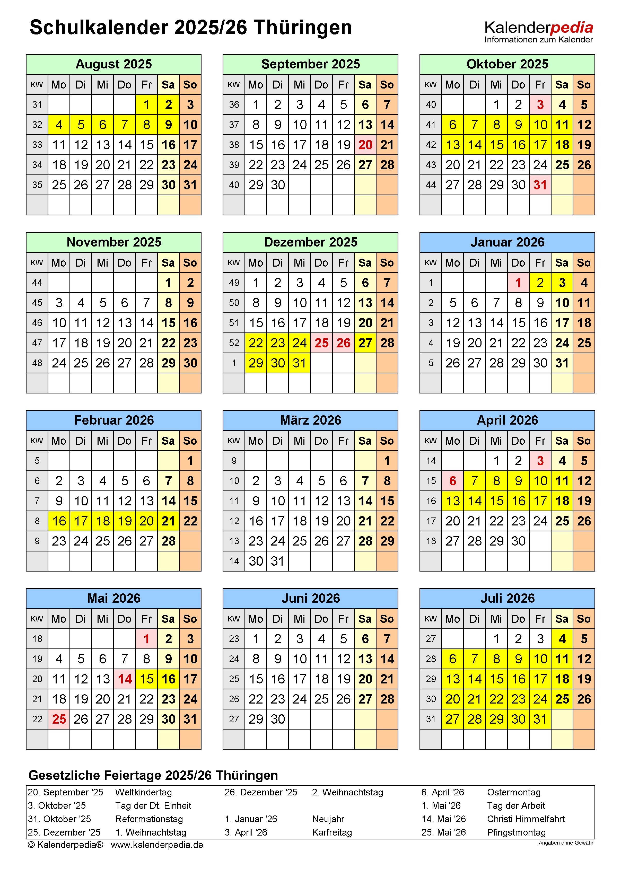  Schulkalender 2025/2026 Thüringen für Excel Illustration 