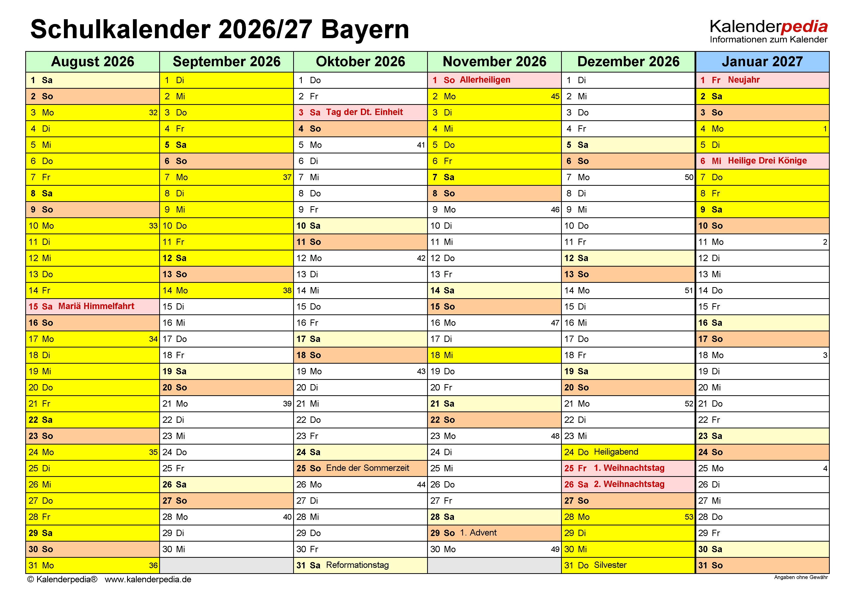  Schulkalender 2026/2027 Bayern für Excel 