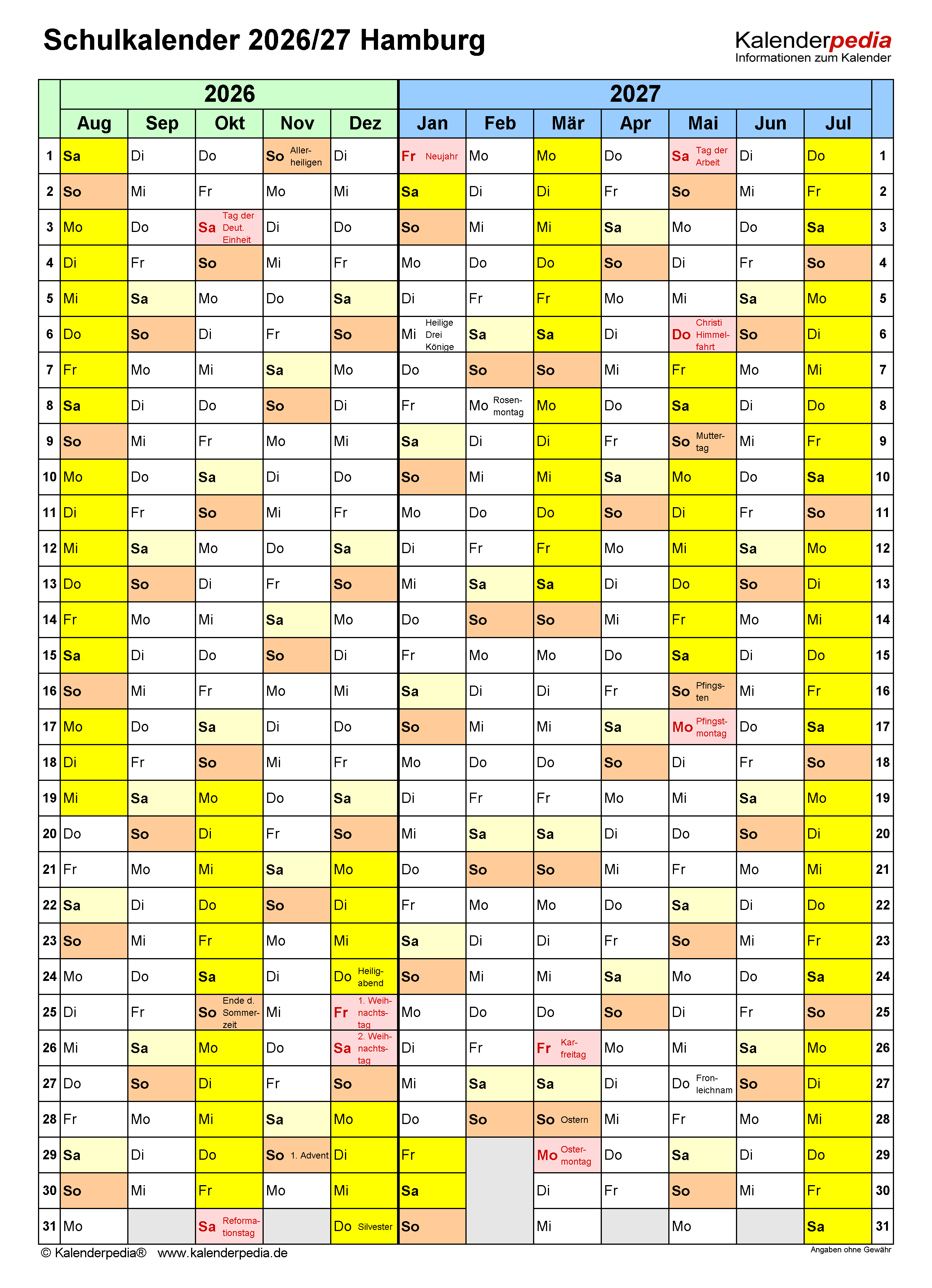  Schulkalender 2026/2027 Hamburg für PDF Illustration 
