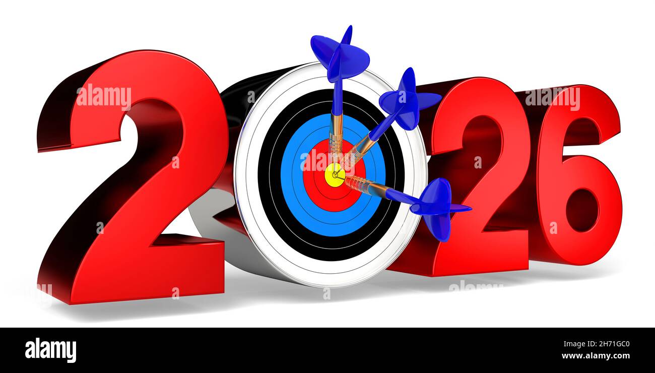  2026 concept - dartboard with arrows, white background - 3D Motiv 