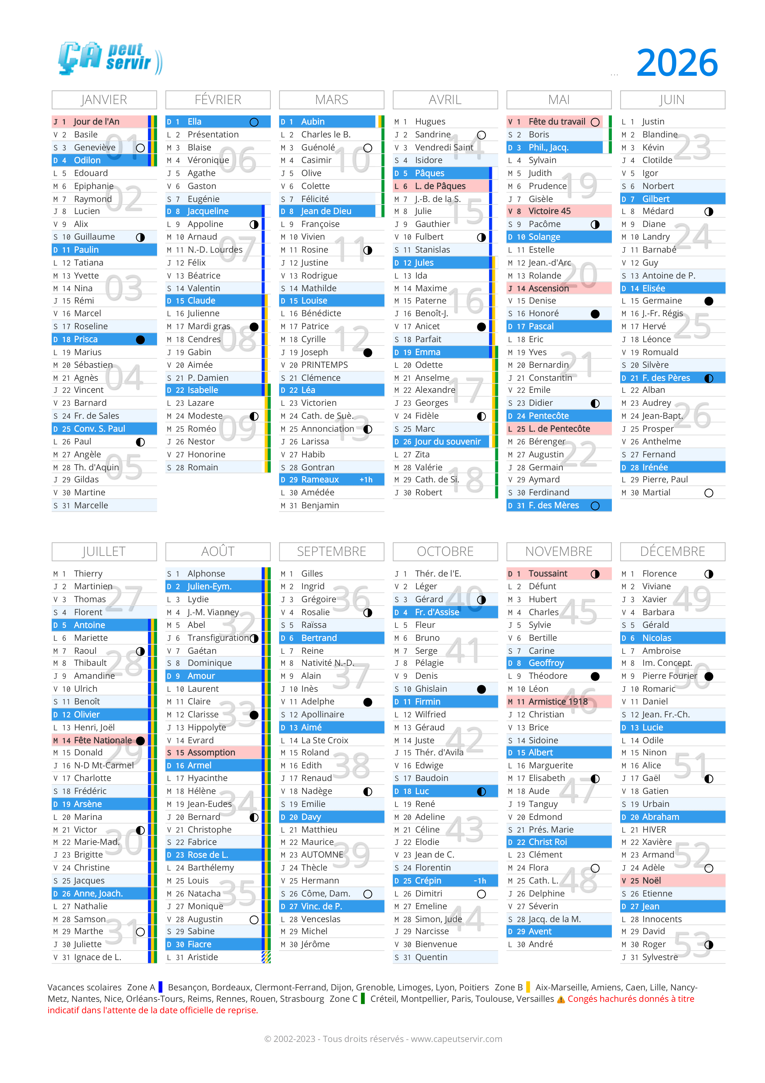  Foto zu Calendrier 2026 : Vacances, Jours fériés, N° de semaine - Capeutservir.com 