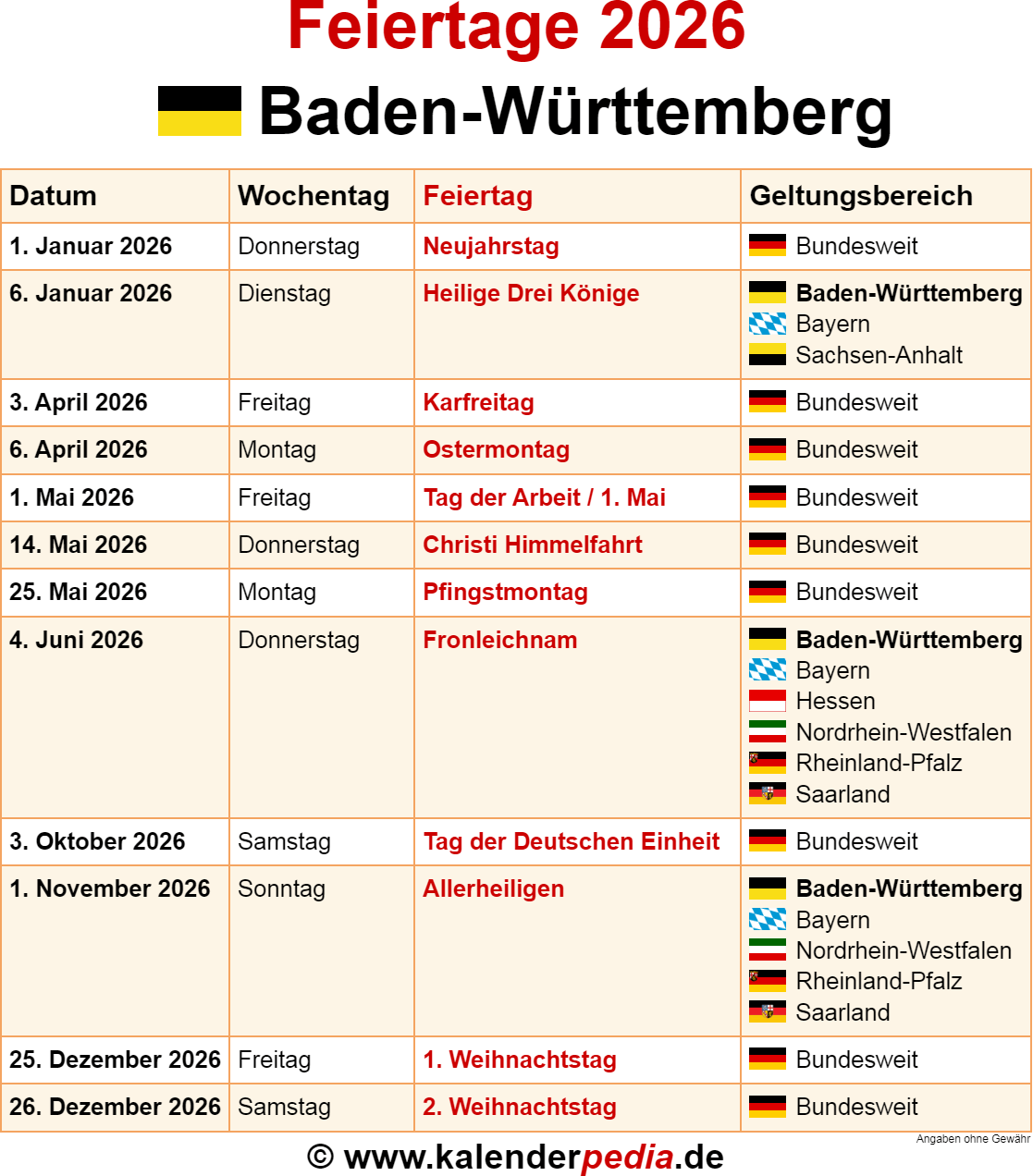  Foto zu Feiertage Baden-Württemberg 2026 - Kalenderpedia 