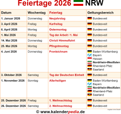  Foto zu Feiertage Nordrhein-Westfalen (NRW) 2026 - Kalenderpedia 