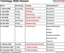  Foto zu Feiertage Hessen 2026 - Kalenderpedia 