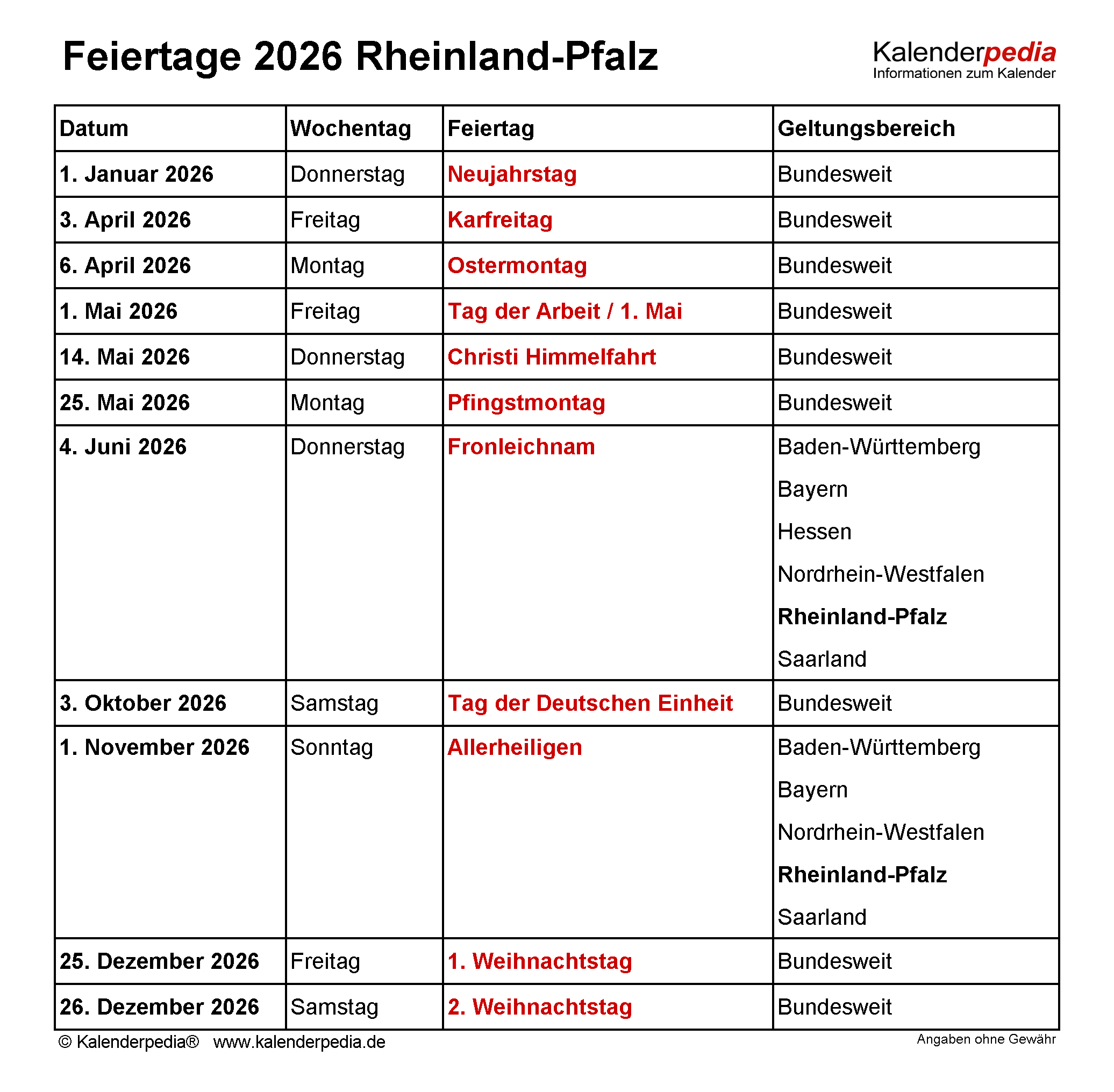  Foto zu Feiertage Rheinland-Pfalz 2026 - Kalenderpedia 