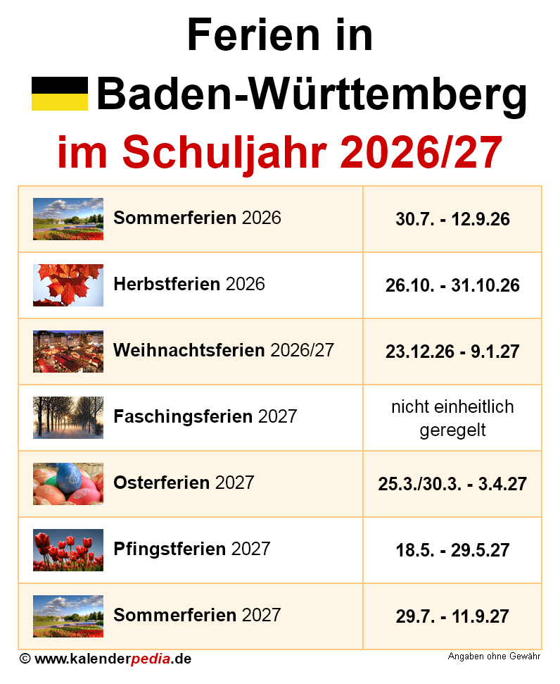  Ferien in Baden-Württemberg im Schuljahr 2026/27 Bildidee 