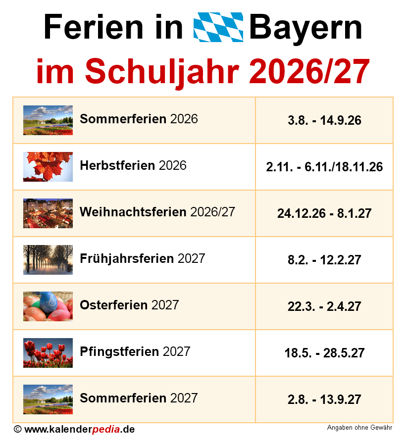  Ferien in Bayern im Schuljahr 2026/27 Motiv 