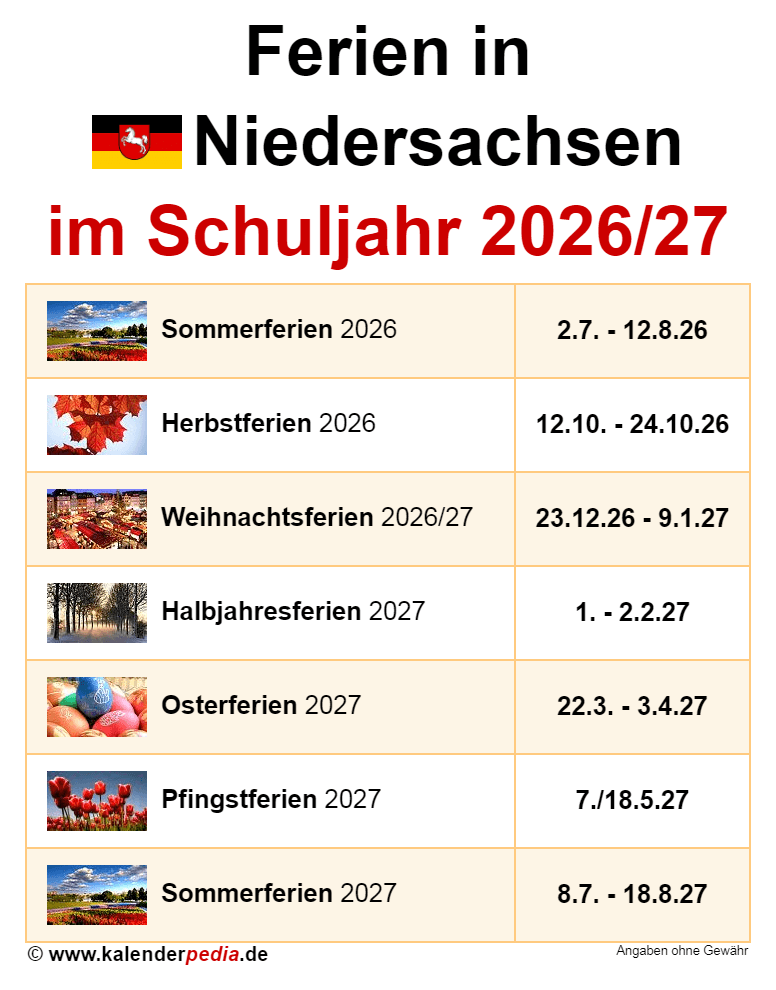  Ferien in Niedersachsen im Schuljahr 2026/27 Illustration 