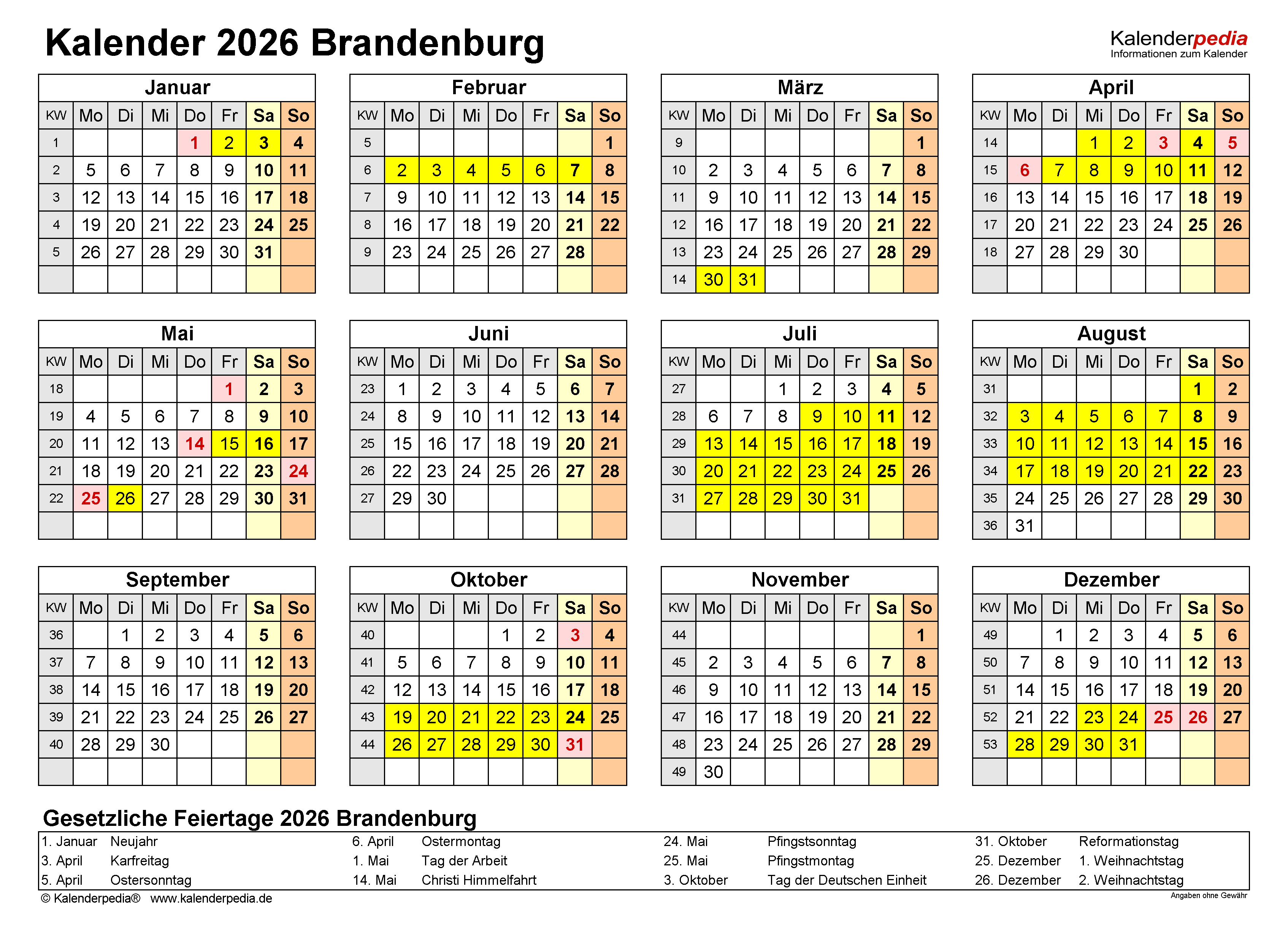  Foto zu Kalender 2026 Brandenburg: Ferien, Feiertage, PDF-Vorlagen 