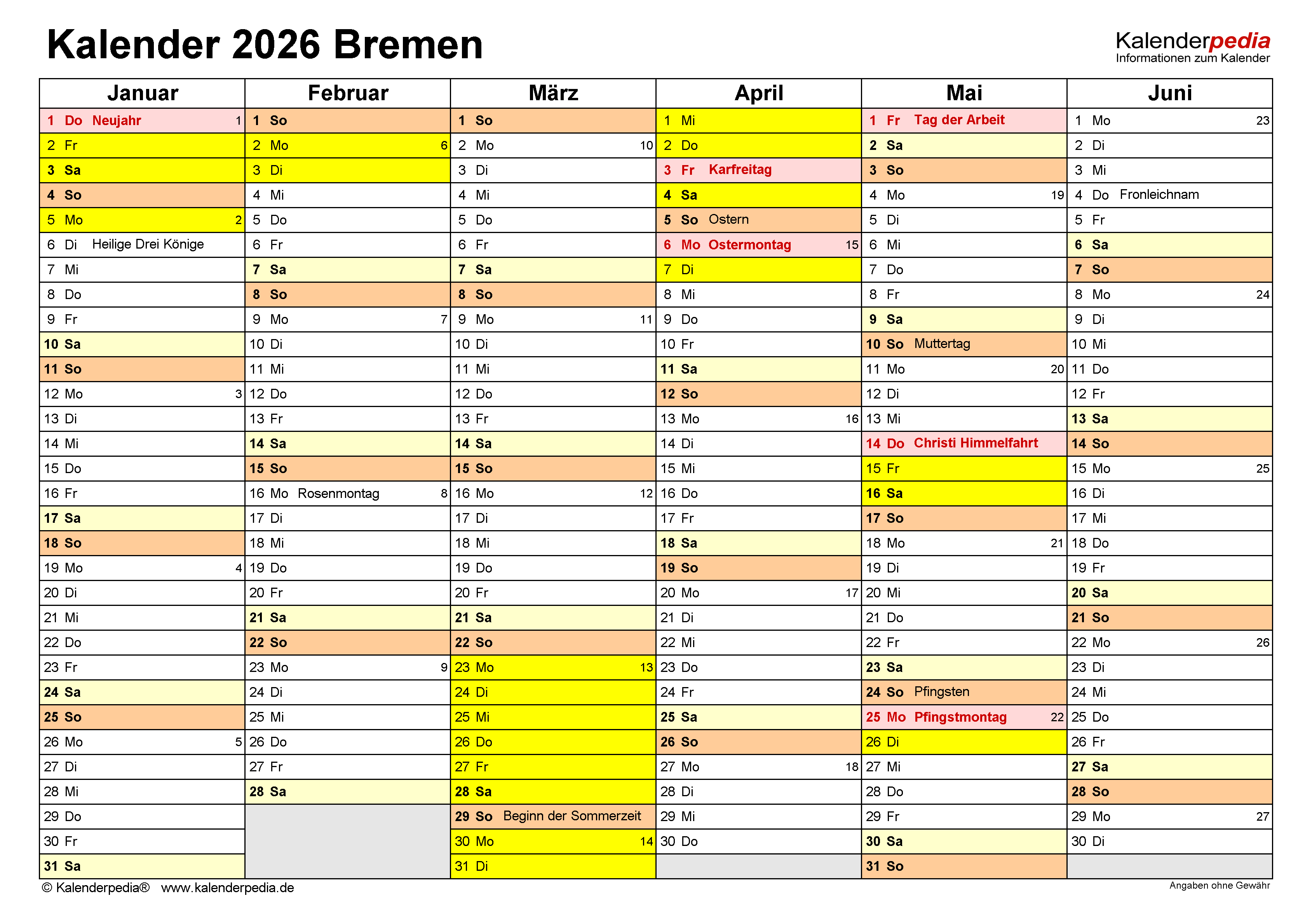  Kalender 2026 Bremen: Ferien, Feiertage, PDF-Vorlagen 
