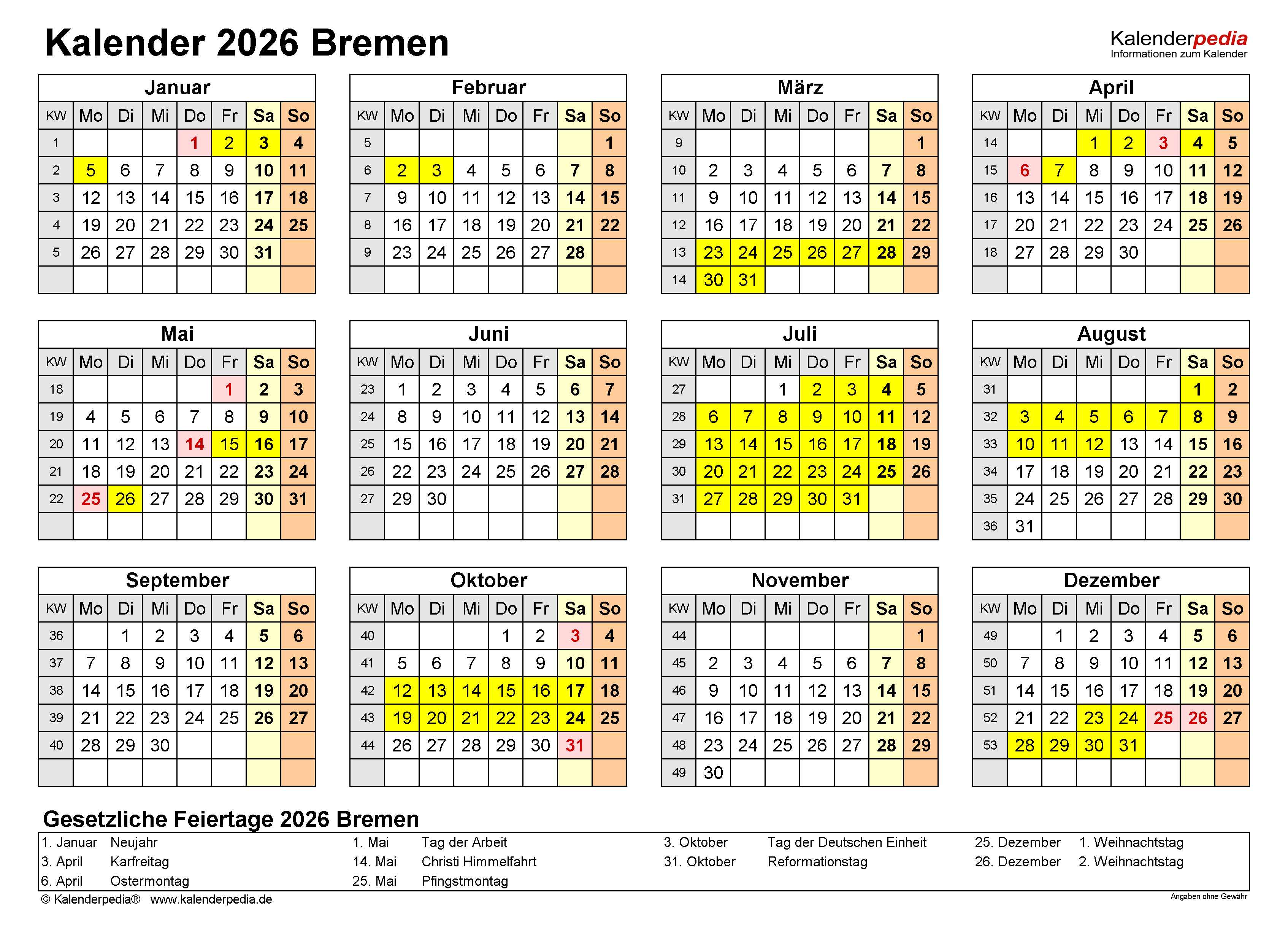  Kalender 2026 Bremen: Ferien, Feiertage, PDF-Vorlagen Bildidee 