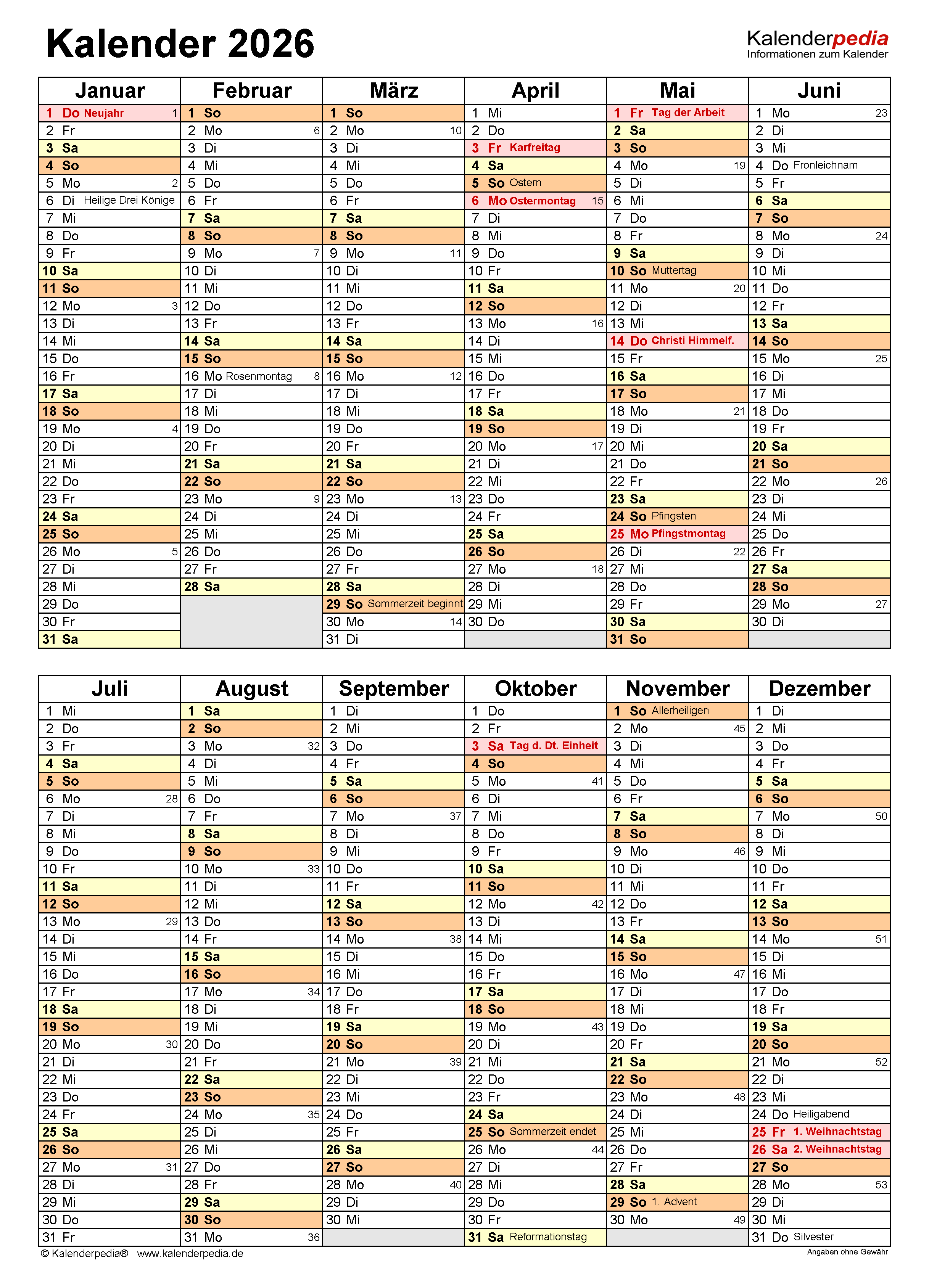  Kalender 2026 zum Ausdrucken in Excel - 20 Vorlagen (kostenlos) Motiv 