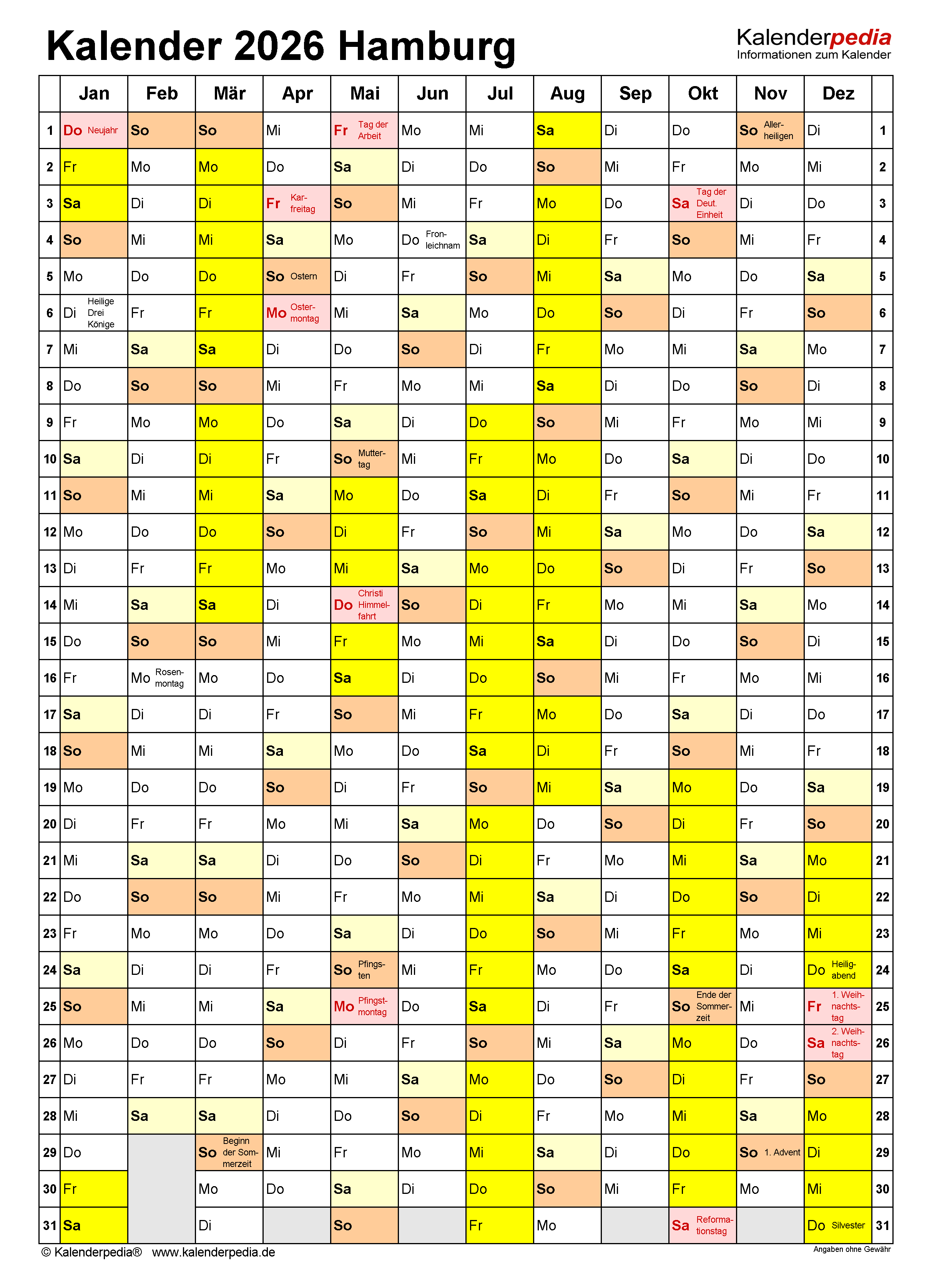  Foto zu Kalender 2026 Hamburg: Ferien, Feiertage, Excel-Vorlagen 