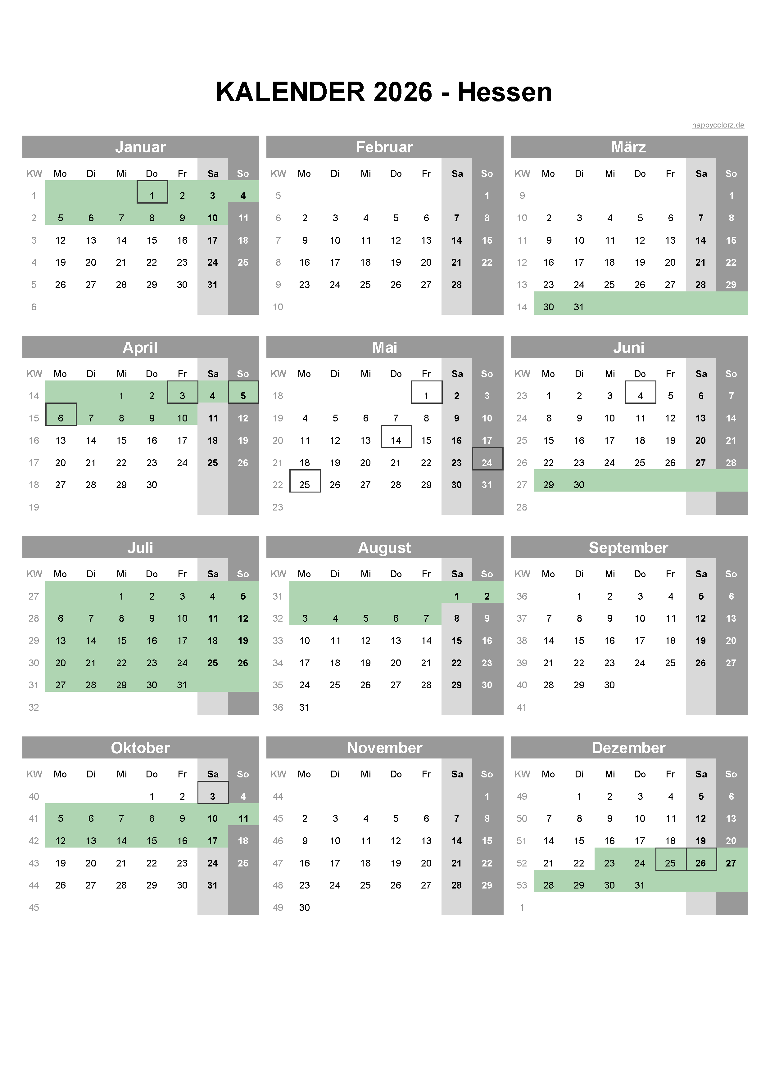  Foto zu Kalender 2026 Hessen kostenlos: Ferien-Übersicht, Feiertage, PDF 