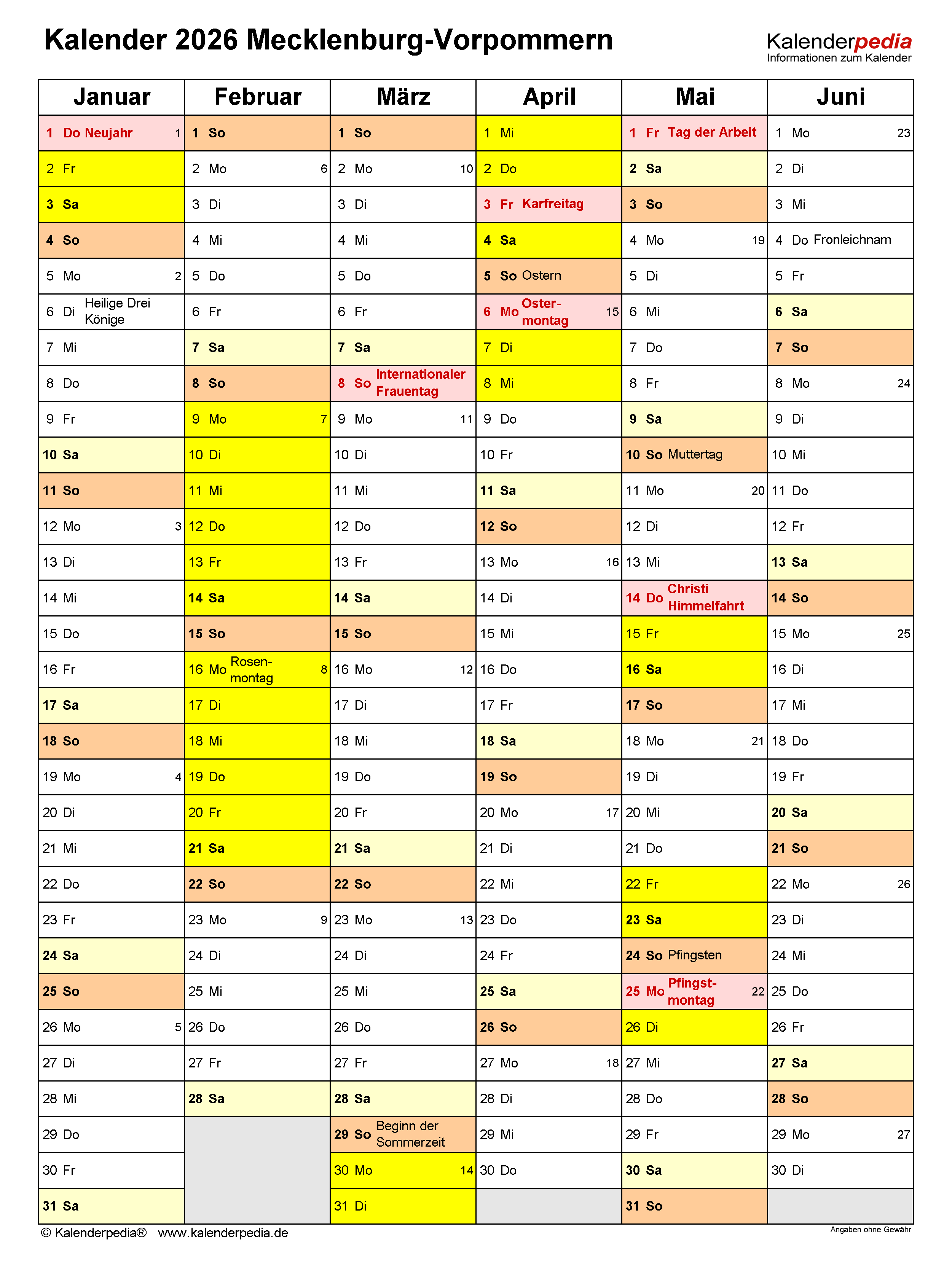 Kalender 2026 Mecklenburg-Vorpommern: PDF-Vorlagen mit Ferien Bildidee 