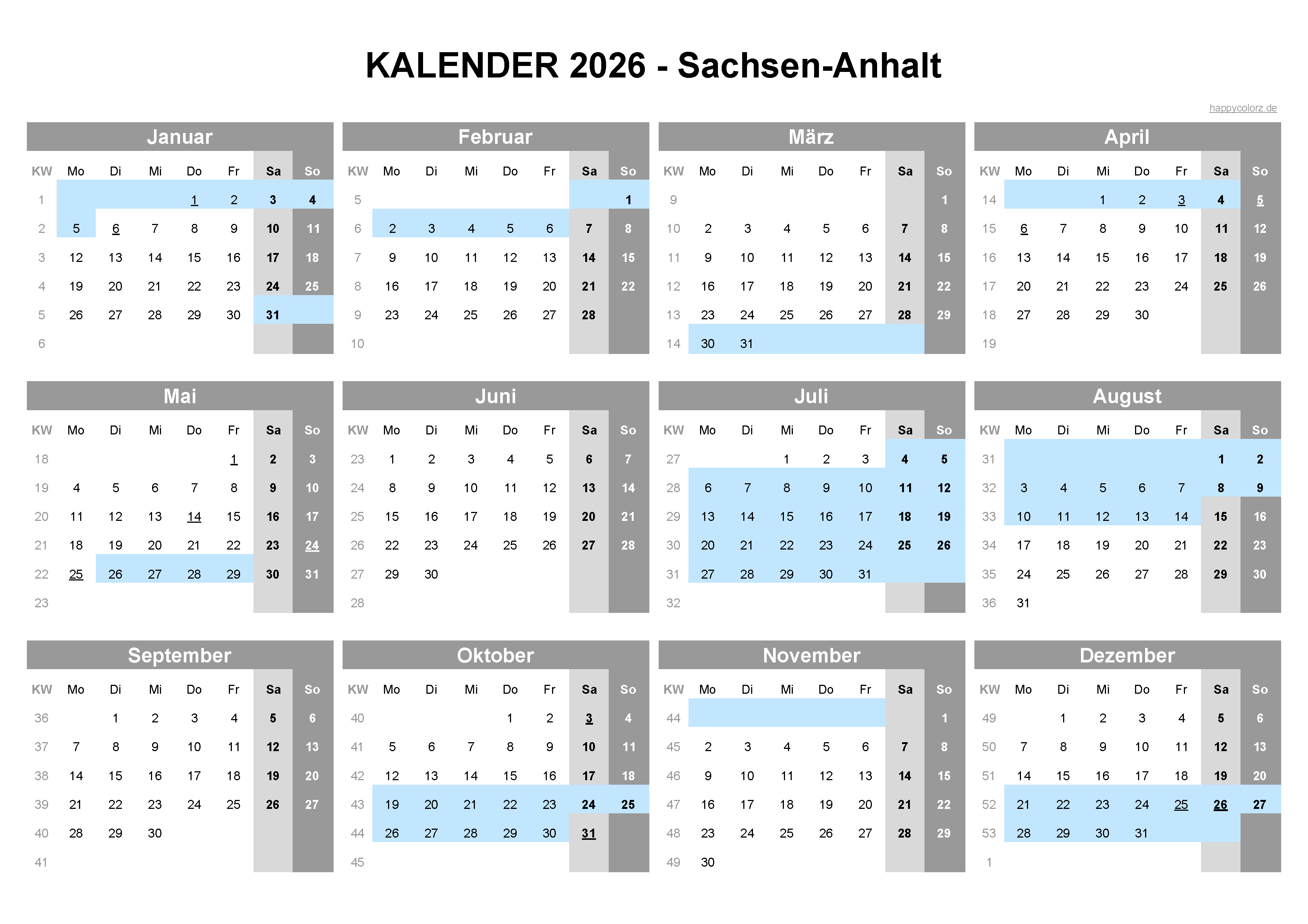  Foto zu Kalender 2026 Sachsen-Anhalt kostenlos: Ferien-Übersicht, Feiertage 