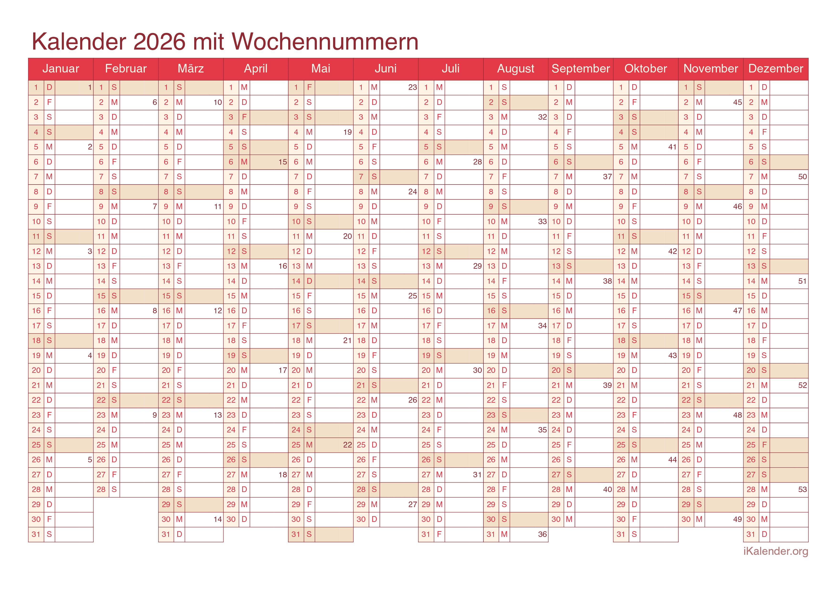  Kalender 2026 zum Ausdrucken Illustration 