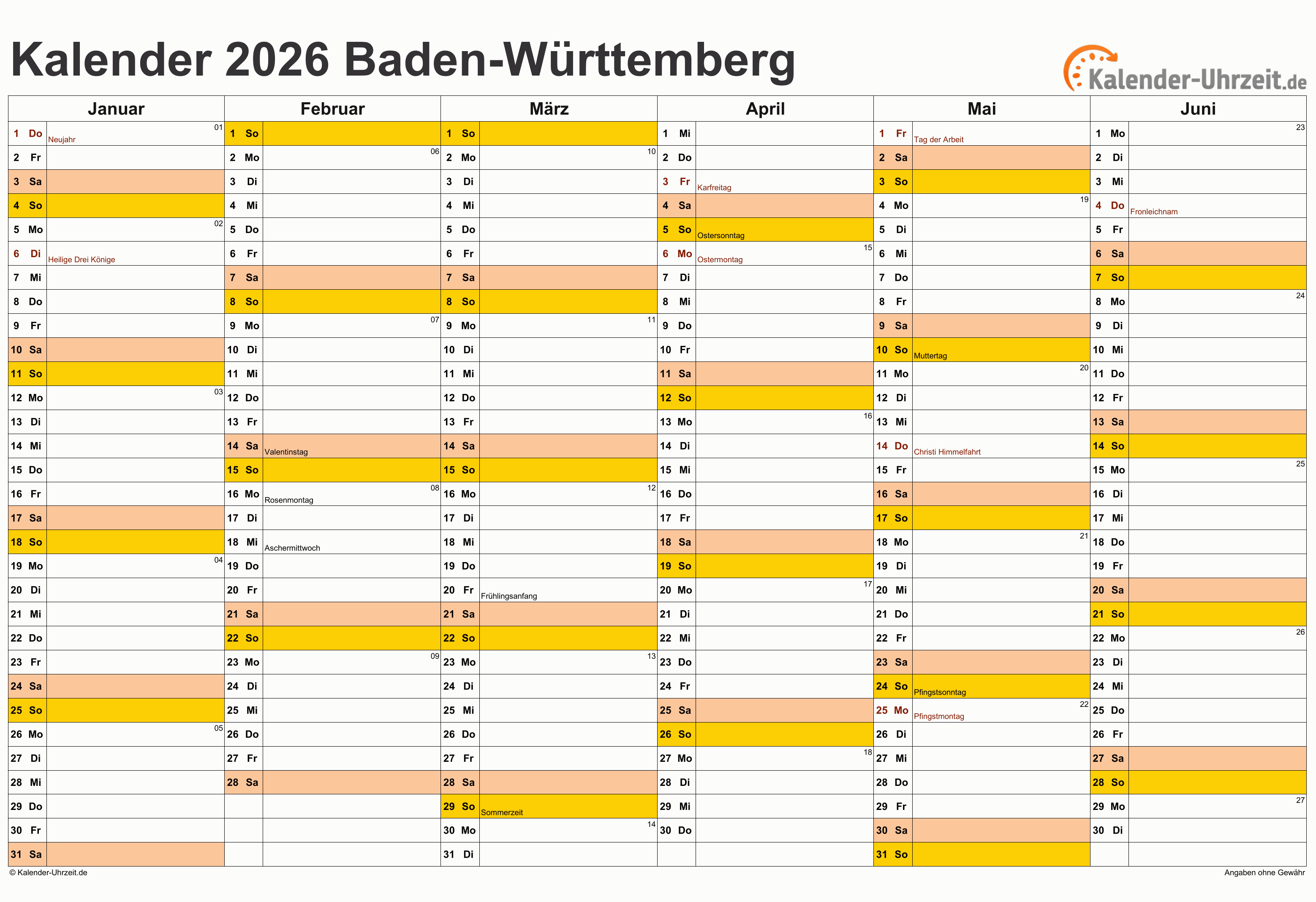  Feiertage 2026 Baden-Württemberg + Kalender Illustration 