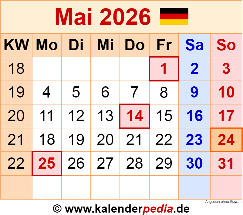  Kalender Mai 2026 als Excel-Vorlagen 