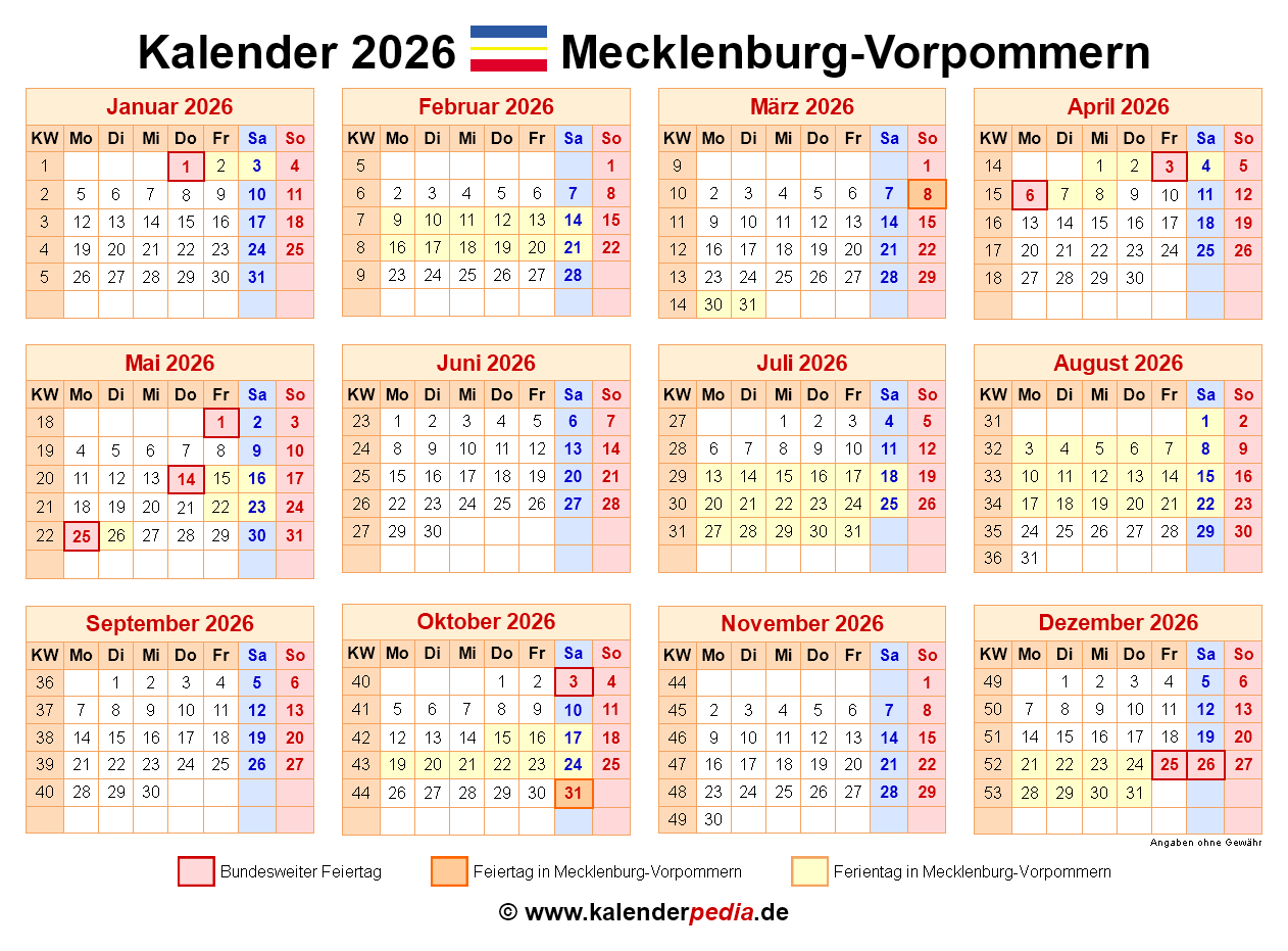  Kalender 2026 Mecklenburg-Vorpommern: PDF-Vorlagen mit Ferien 