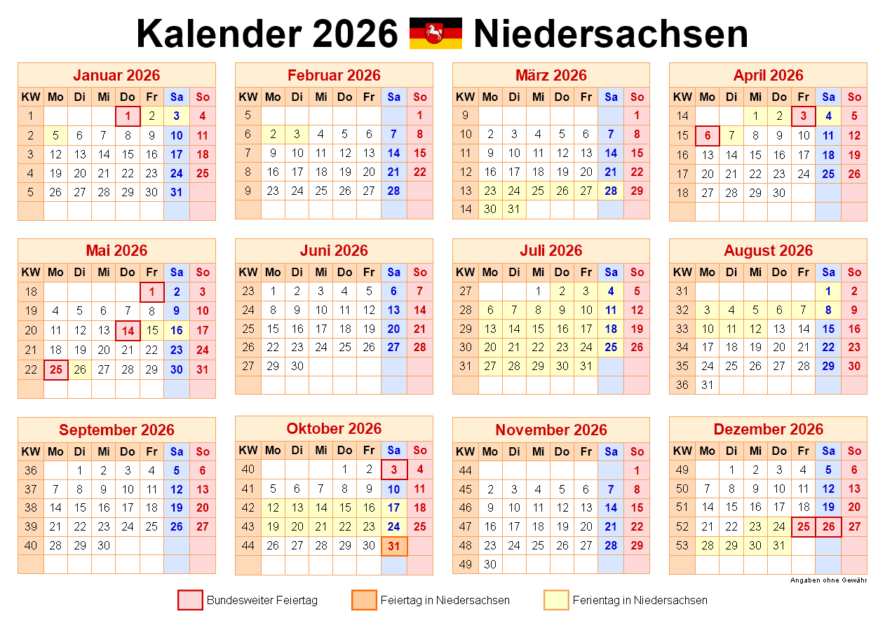  Kalender 2026 Niedersachsen: Ferien, Feiertage, Excel-Vorlagen 