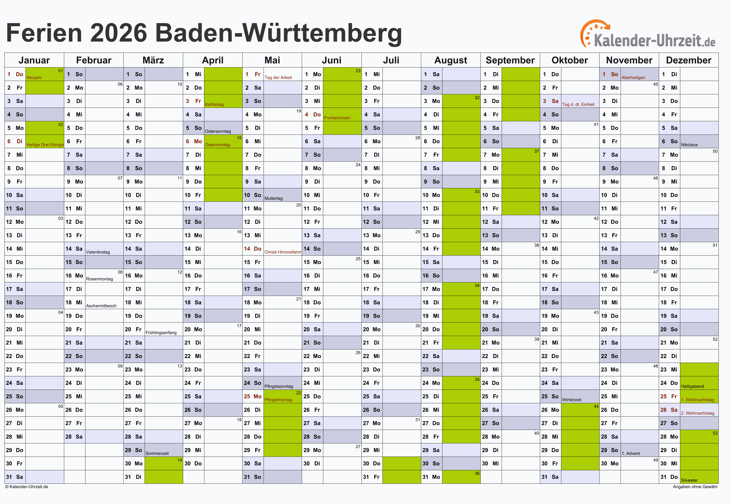  Ferien Baden-Württemberg 2026 - Ferienkalender zum Ausdrucken Motiv 