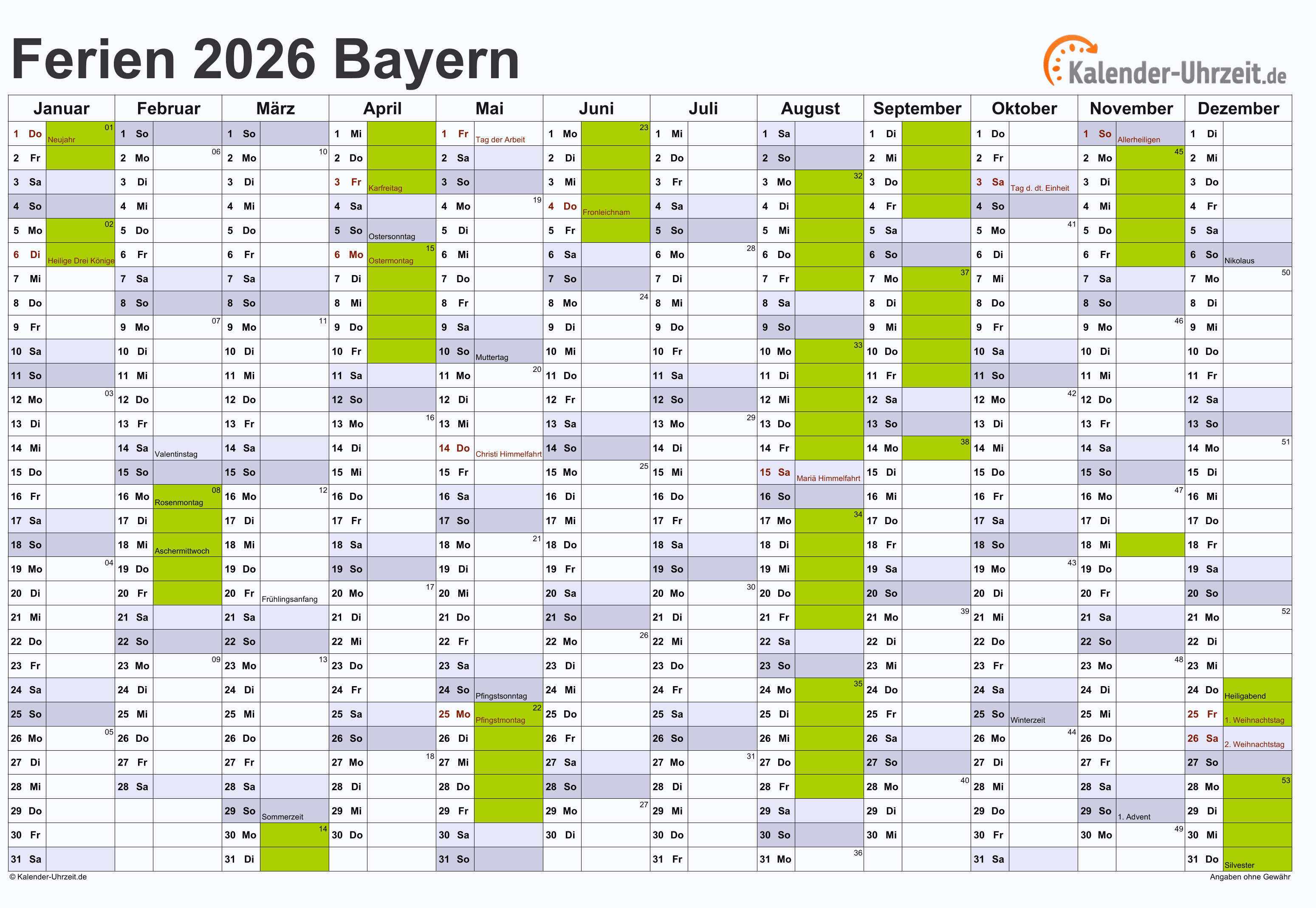  Ferien Bayern 2026 - Ferienkalender zum Ausdrucken Bildidee 
