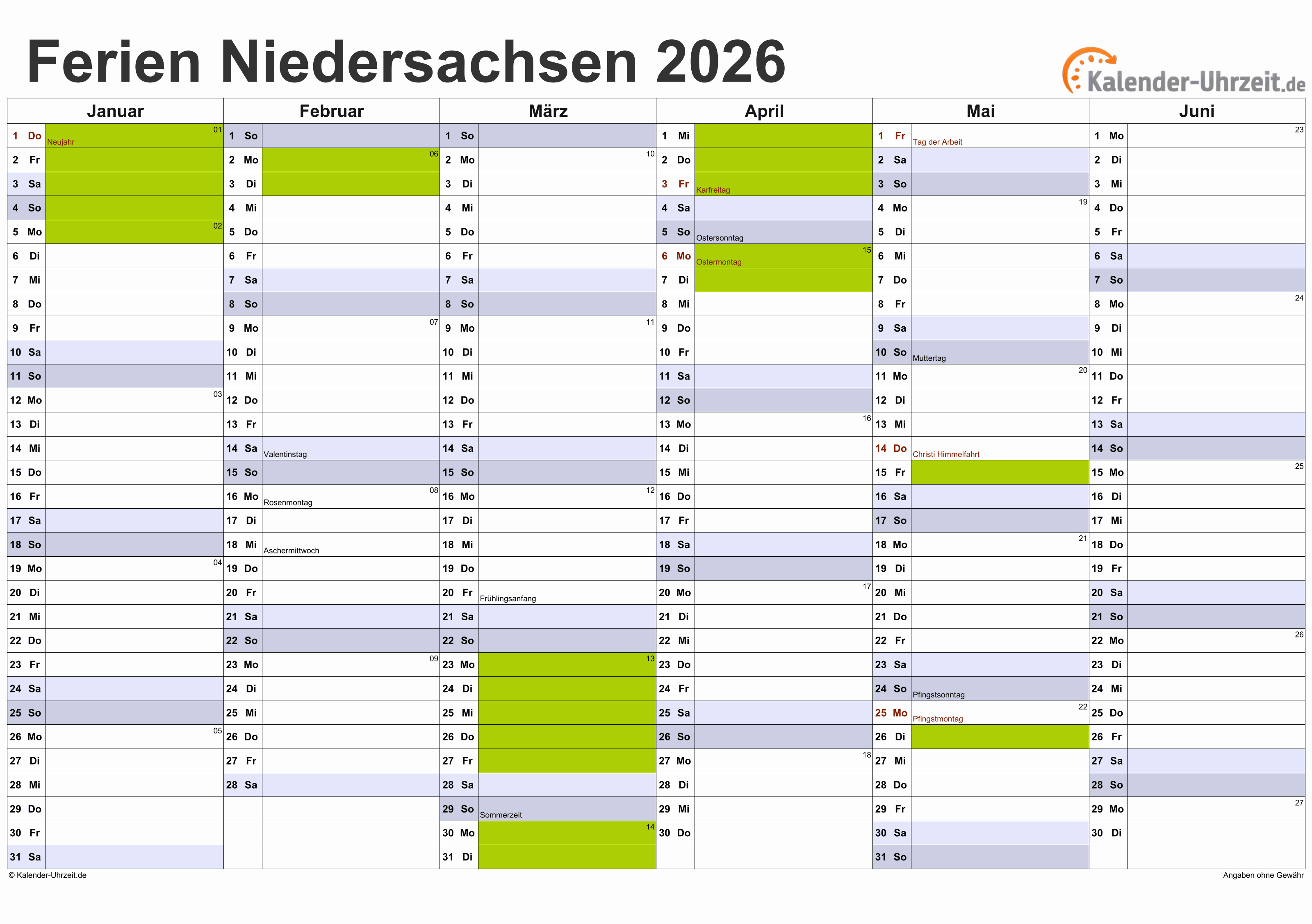  Ferien Niedersachsen 2026 - Ferienkalender zum Ausdrucken Illustration 