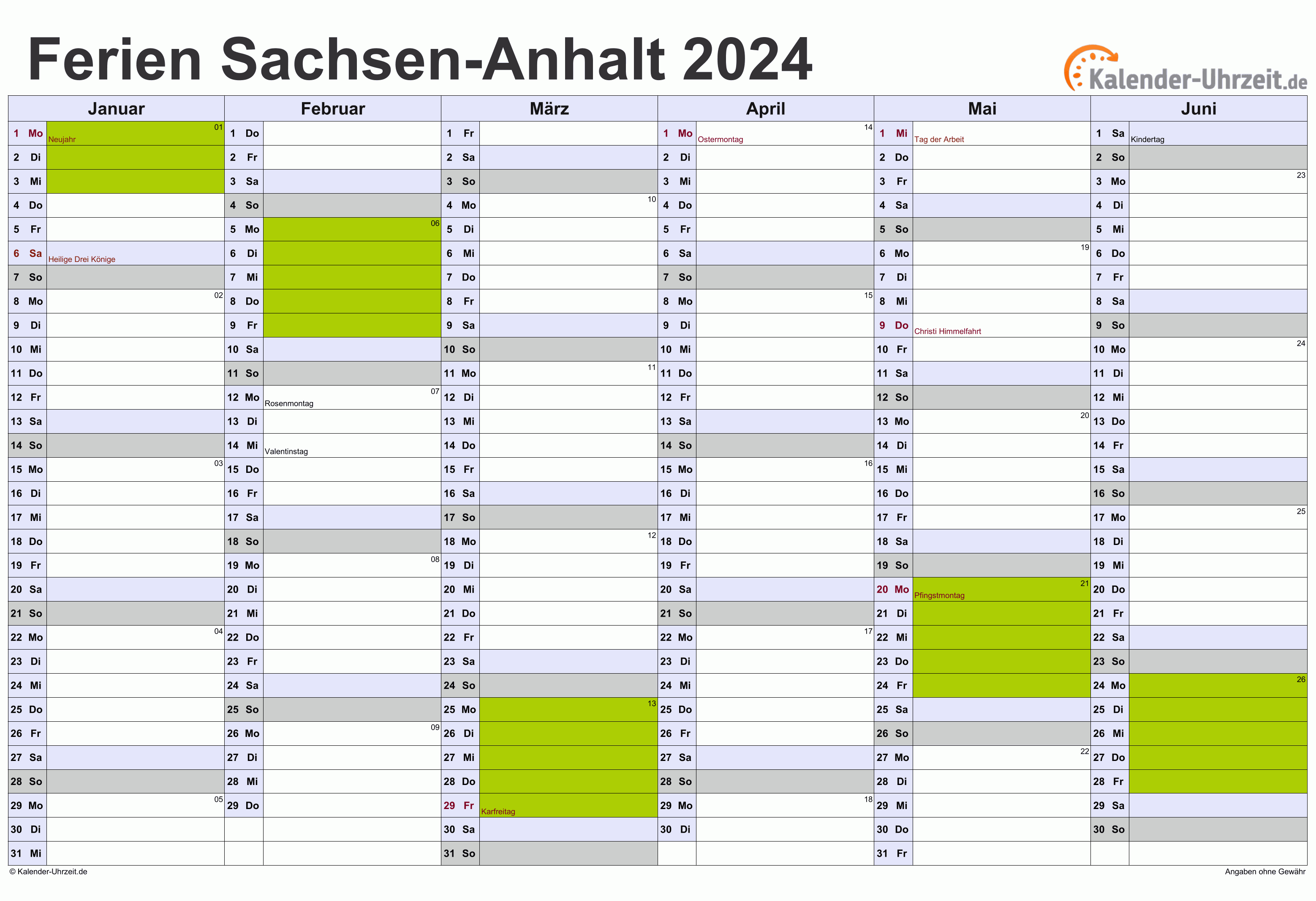  Ferien Sachsen-Anhalt 2024 - Ferienkalender zum Ausdrucken Illustration 