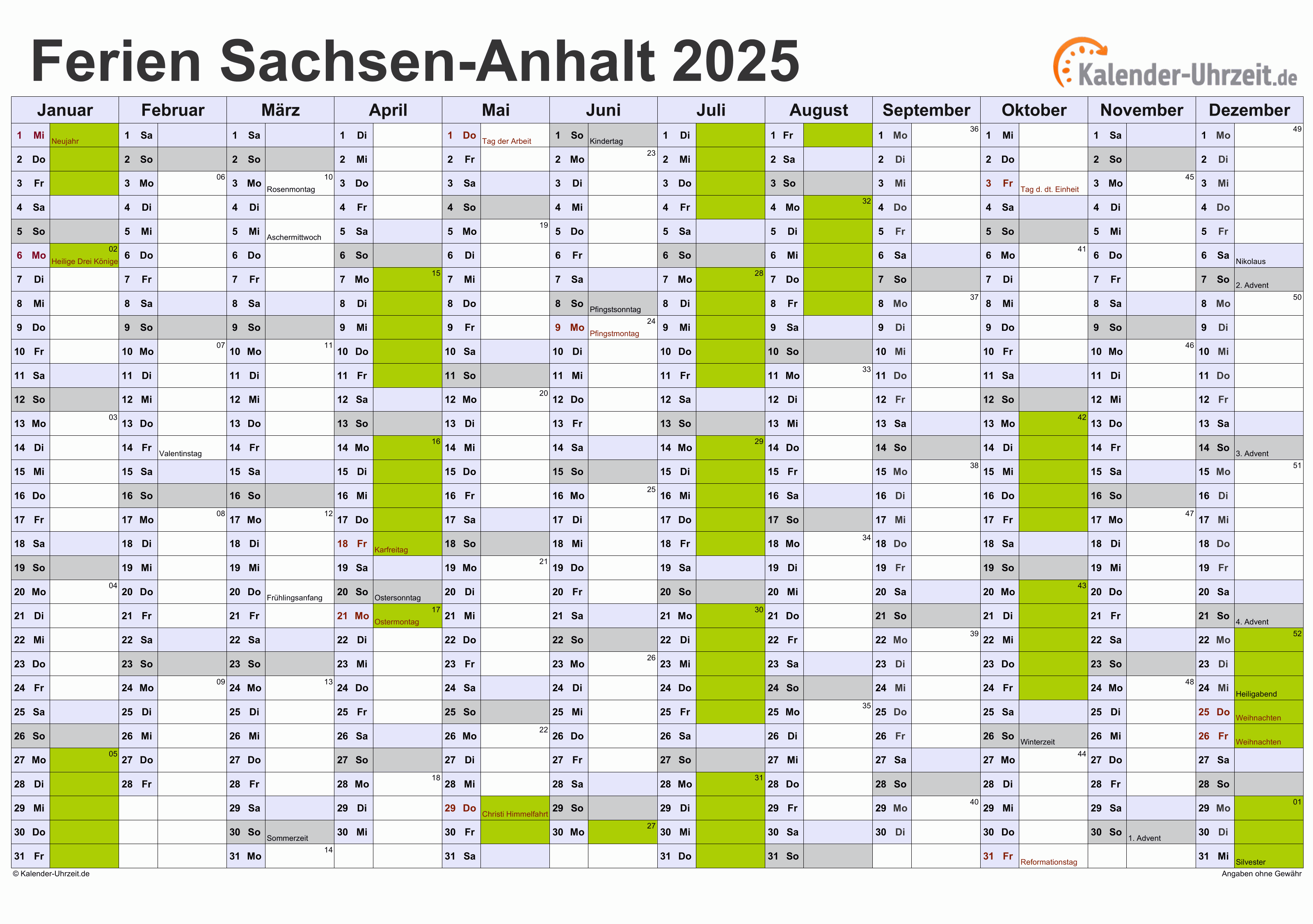 Ferien Sachsen-Anhalt 2025 - Ferienkalender zum Ausdrucken