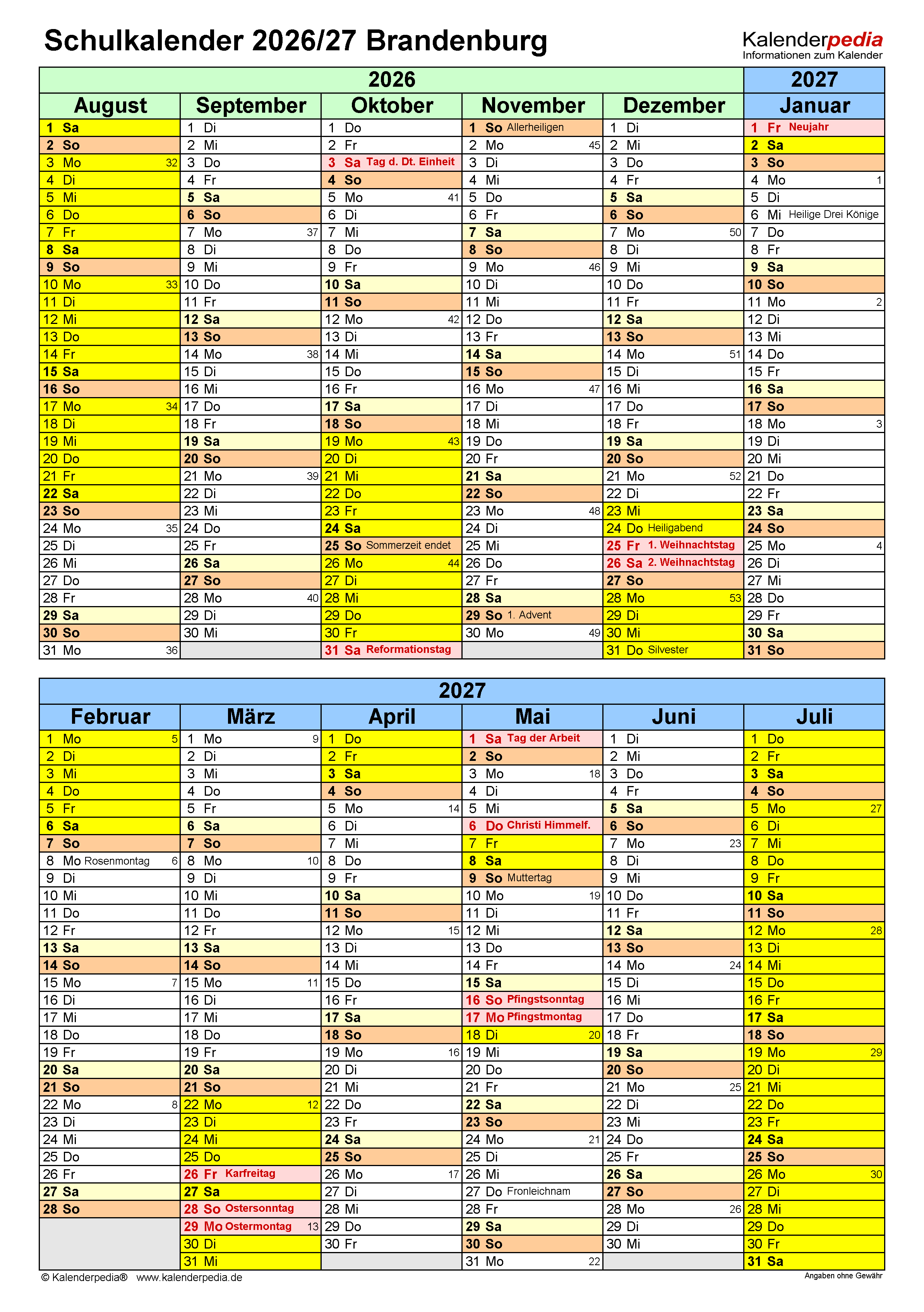  Schulkalender 2026/2027 Brandenburg für PDF Bildidee 