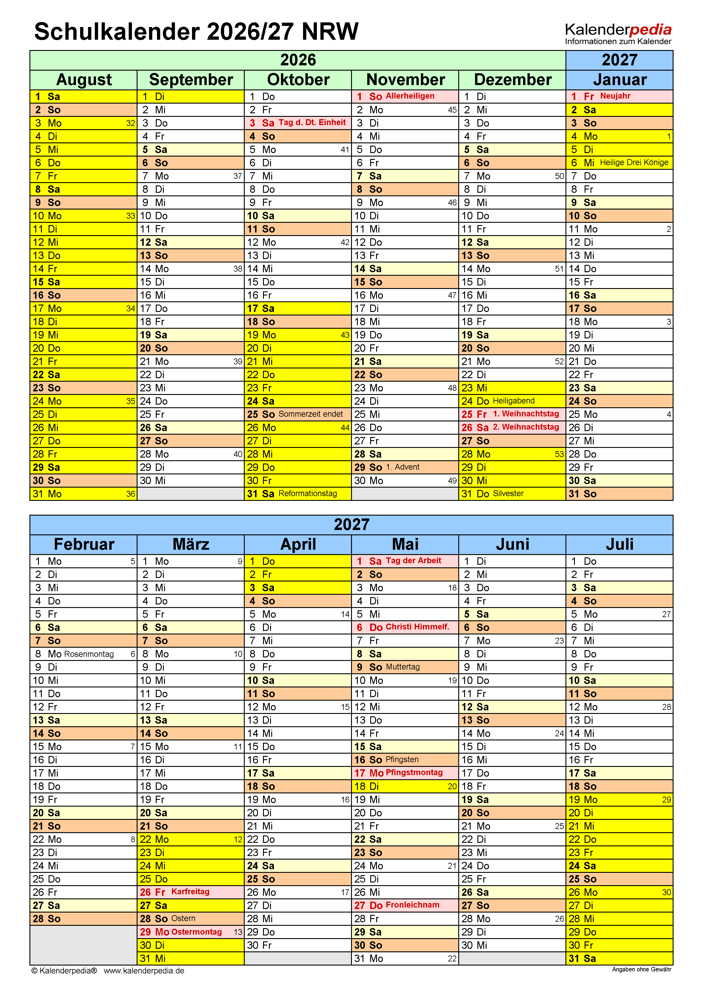  Schulkalender 2026/2027 NRW für PDF Bildidee 