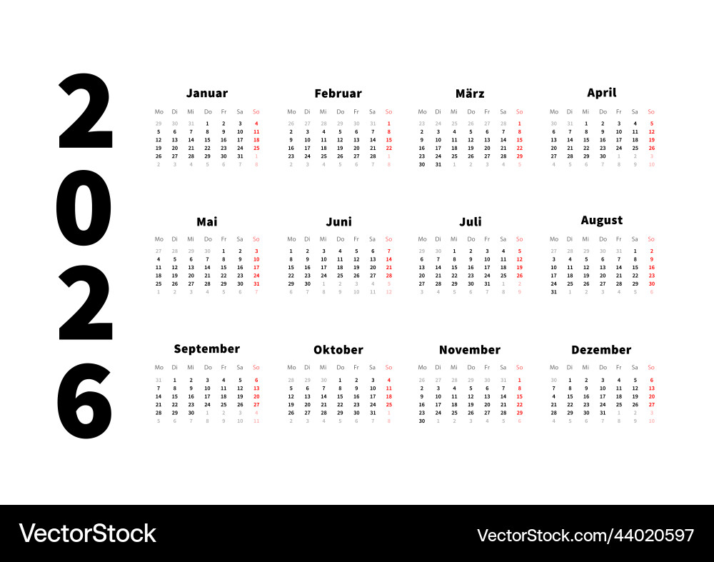  2026 year simple horizontal calendar in german Vector Image Motiv 