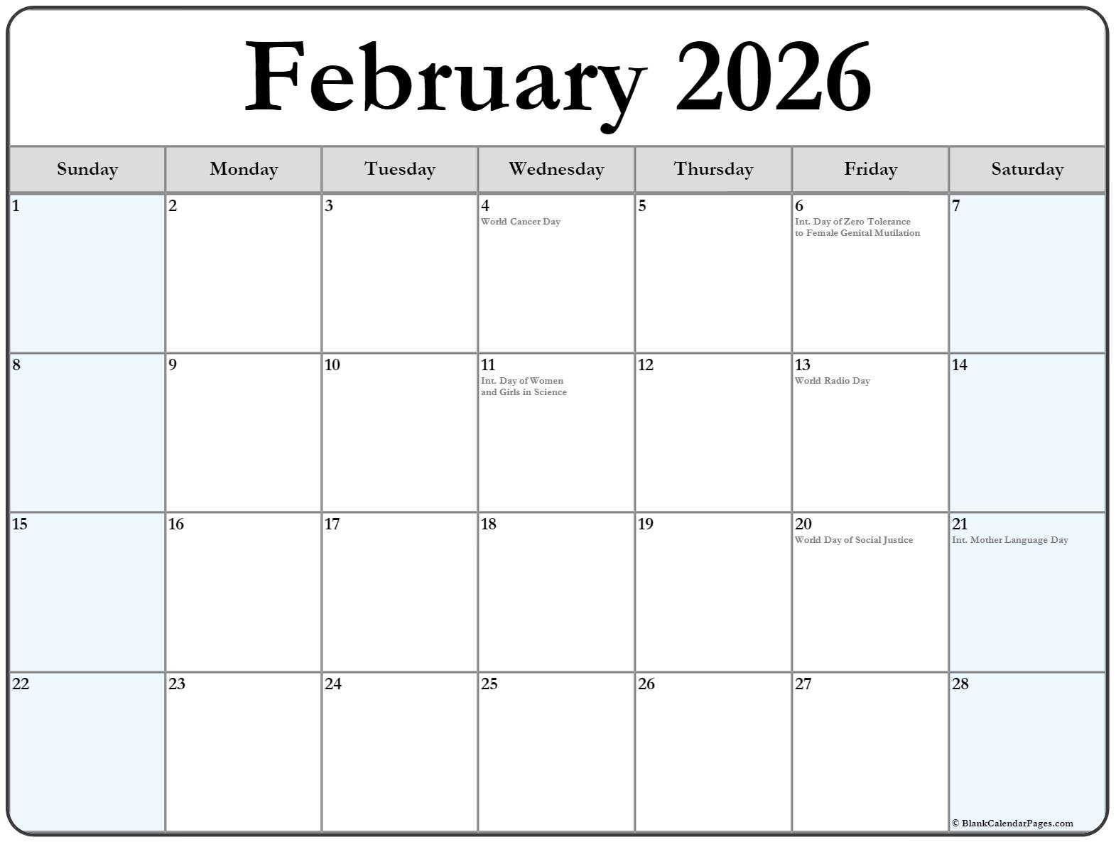  February 2026 with holidays calendar Bildidee 