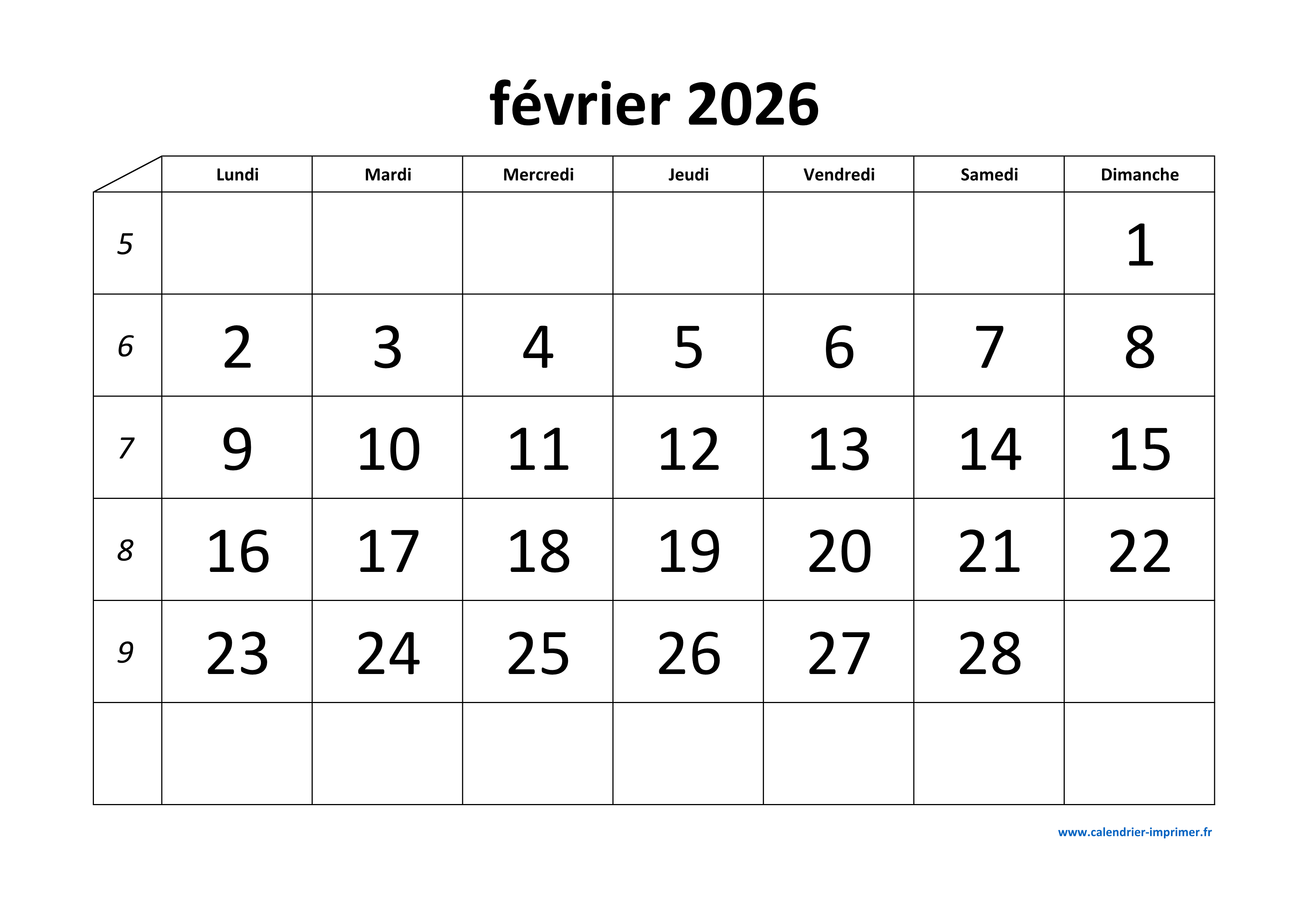  Calendrier Février 2026 à imprimer Bildidee 