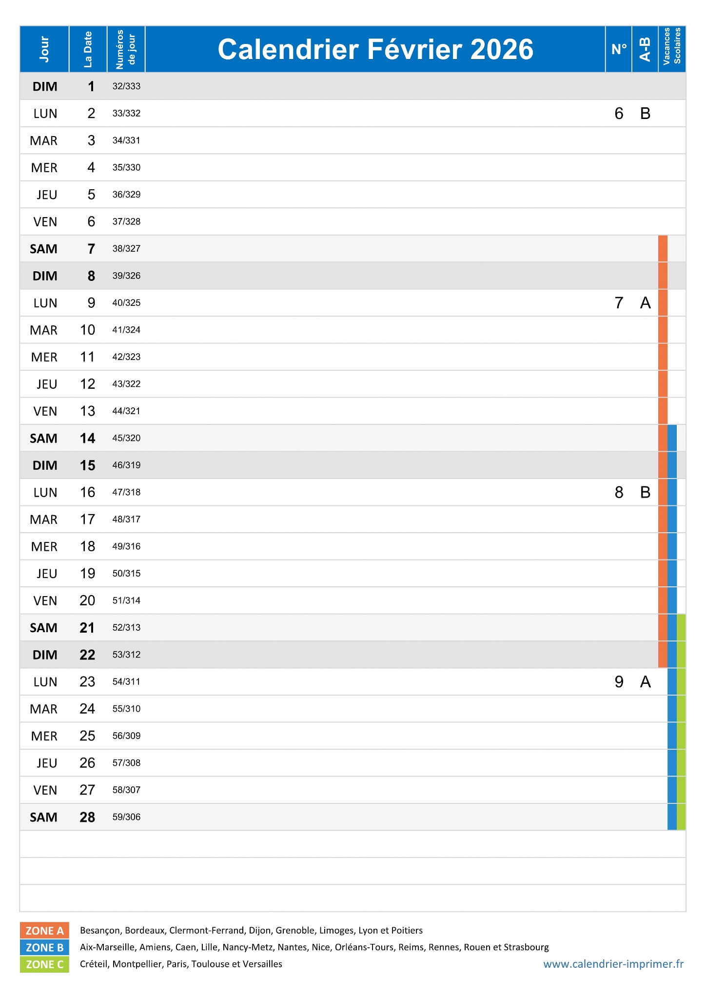  Calendrier Février 2026 à imprimer 