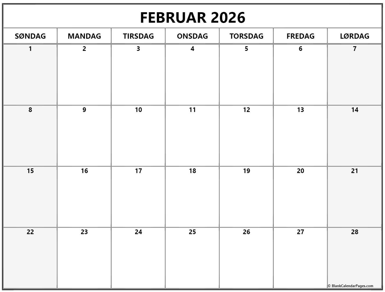  februar 2026 kalender Dansk 