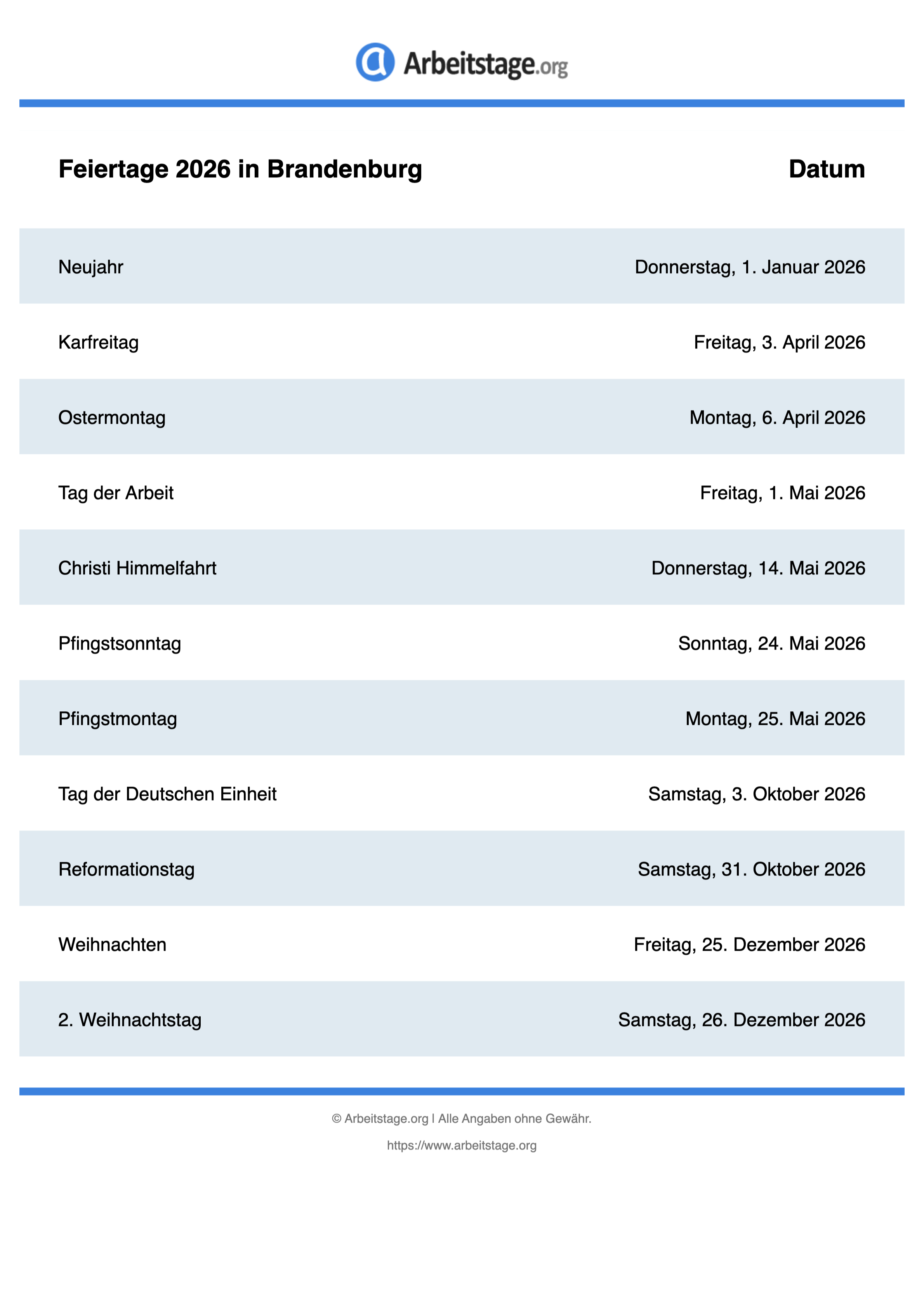 Feiertage 2026 in Brandenburg • Termine & Infos 