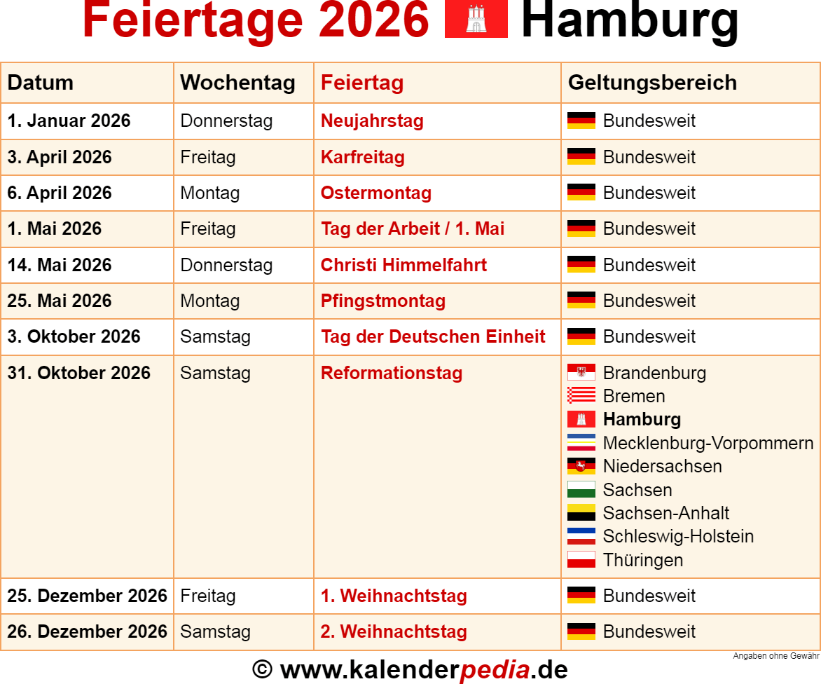  Feiertage Hamburg 2026 - Kalenderpedia Illustration 
