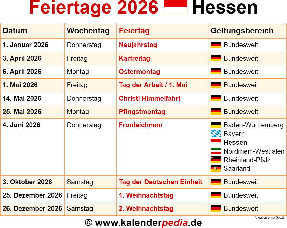  Feiertage Hessen 2026 - Kalenderpedia Bildidee 
