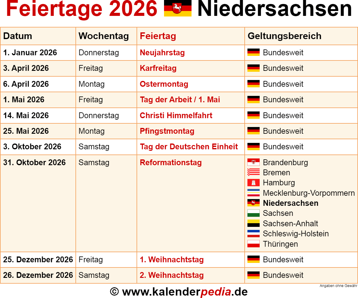  Feiertage Niedersachsen 2026 - Kalenderpedia Motiv 