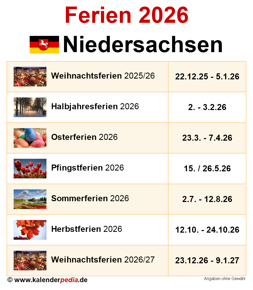  Ferien Niedersachsen 2026 - Übersicht der Ferientermine Bildidee 