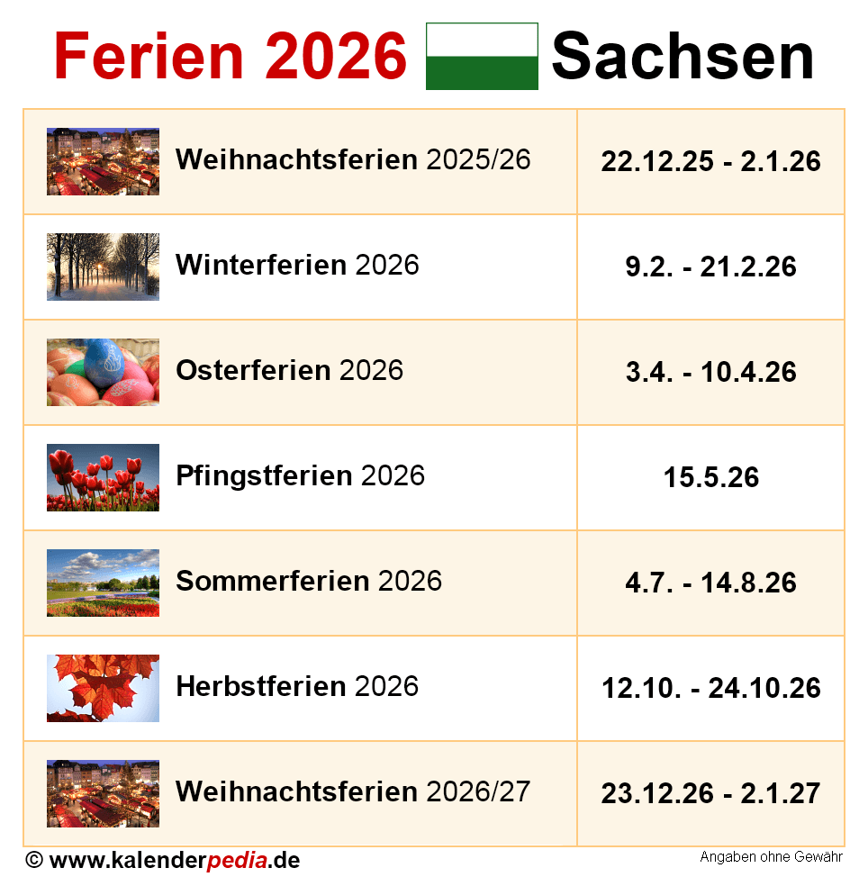  Ferien Sachsen 2026 - Übersicht der Ferientermine 