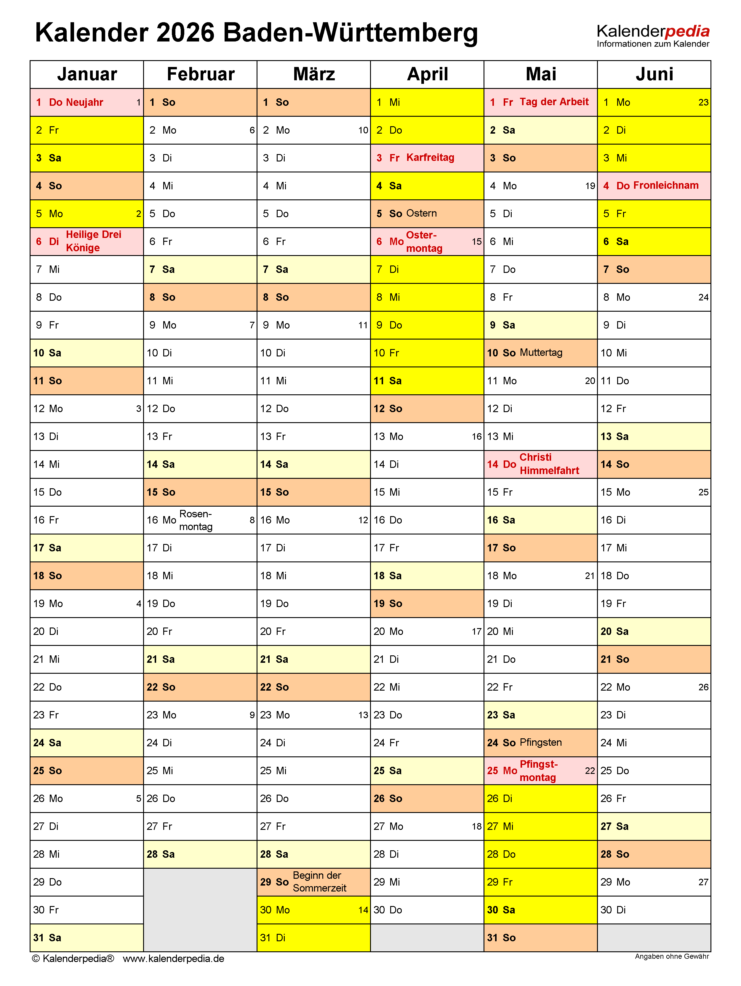  Kalender 2026 Baden-Württemberg: Word-Vorlagen mit Ferien 
