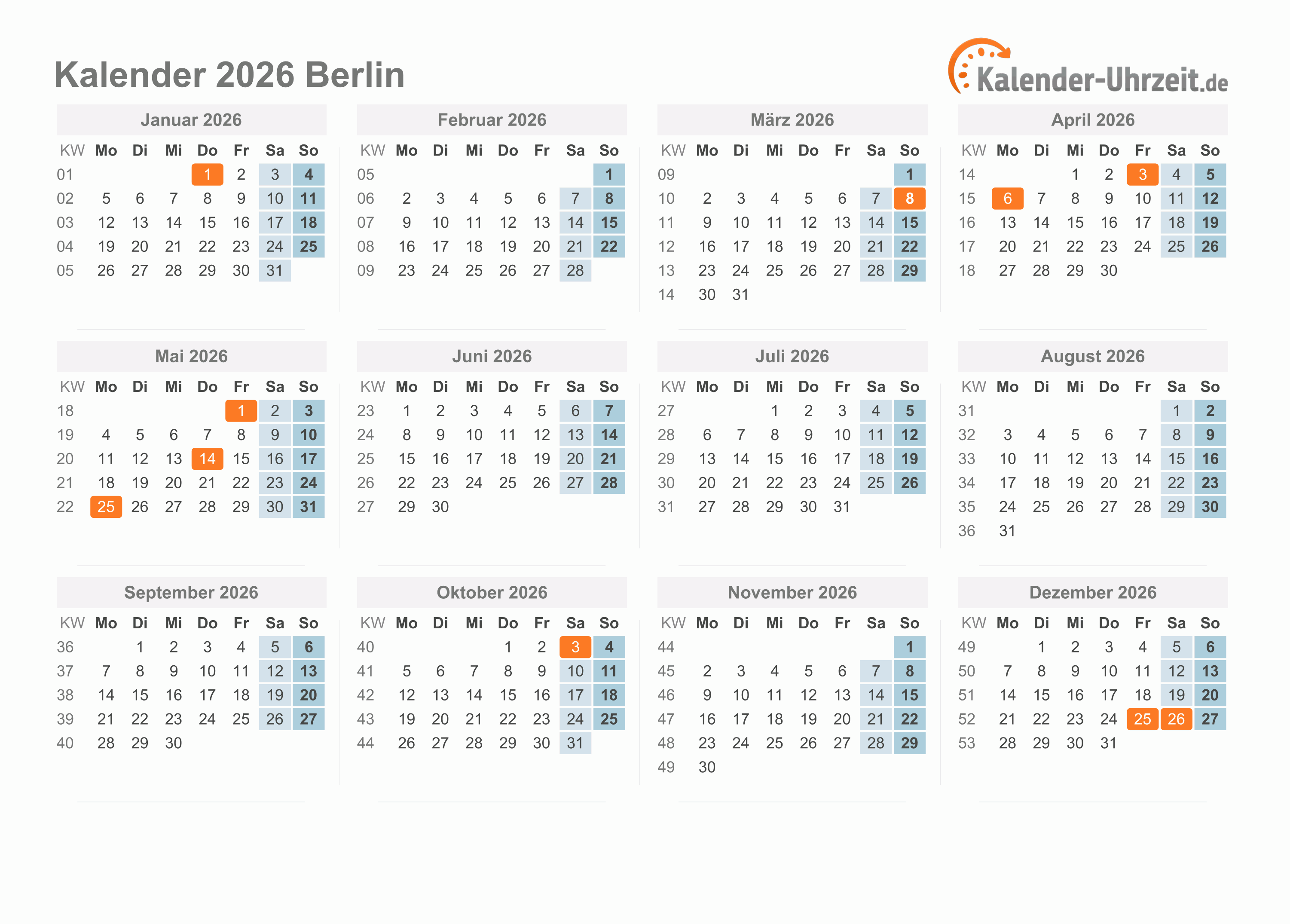  Feiertage 2026 Berlin + Kalender Motiv 