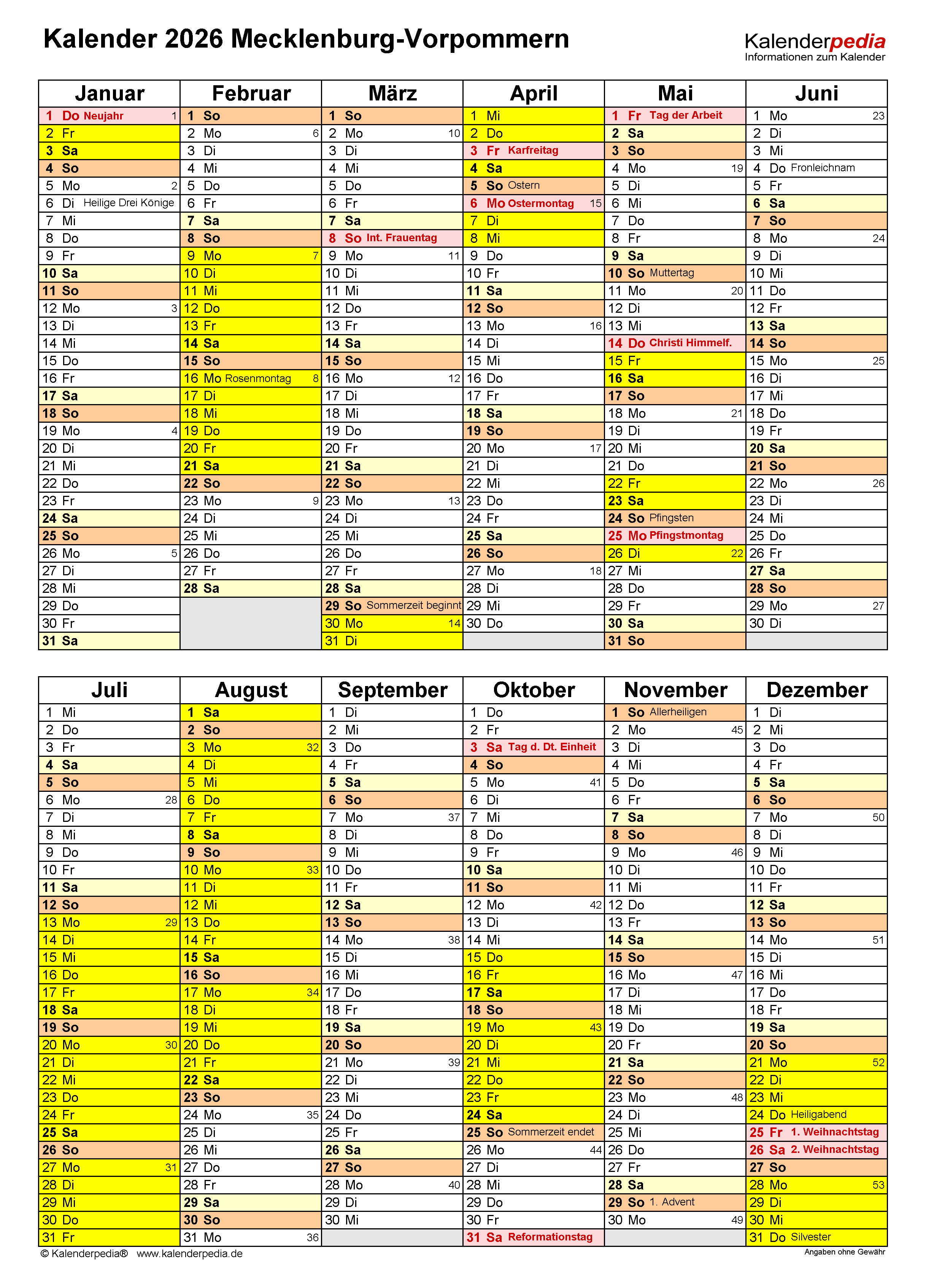  Foto zu Kalender 2026 Mecklenburg-Vorpommern: PDF-Vorlagen mit Ferien 