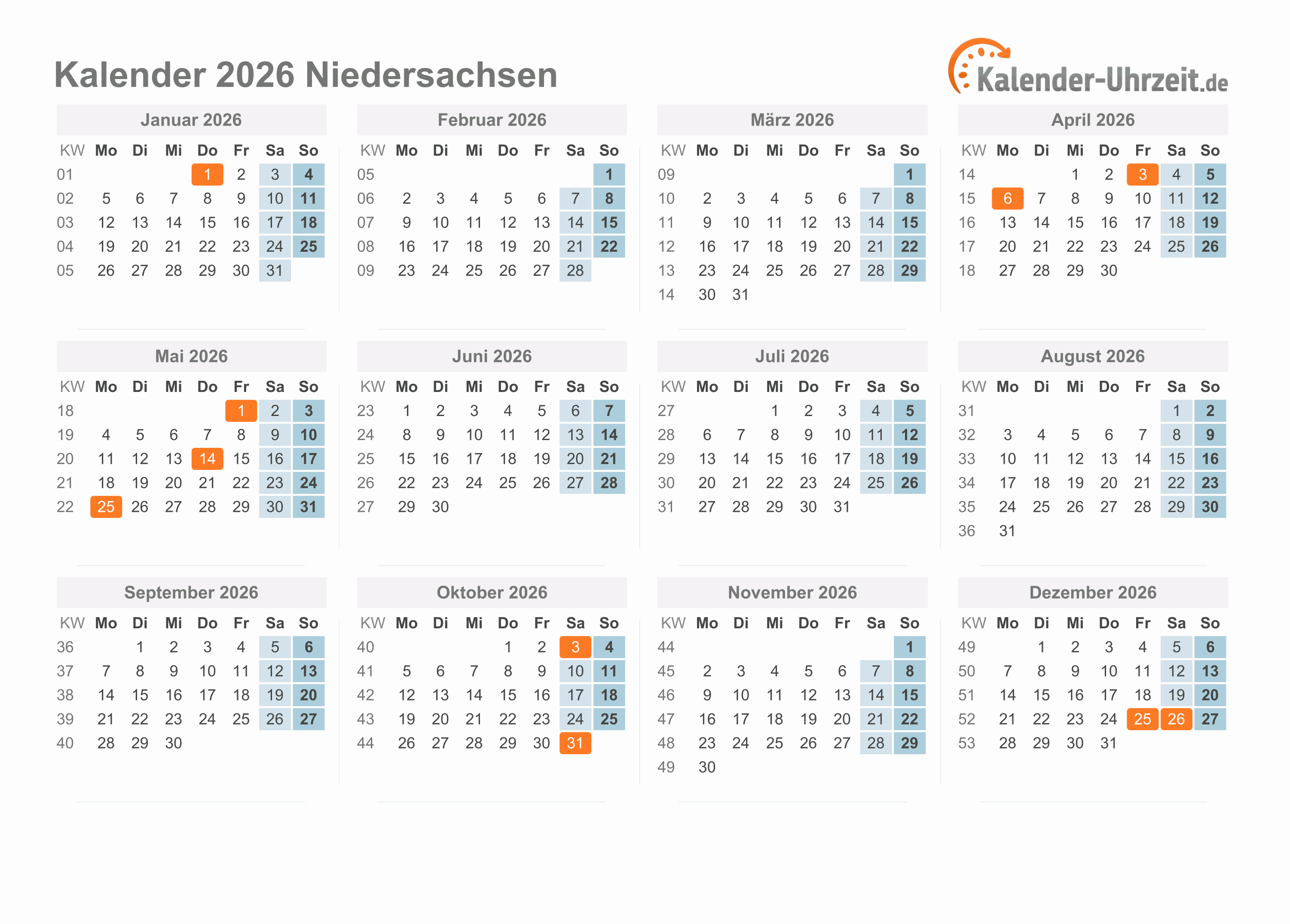  Feiertage 2026 Niedersachsen + Kalender Motiv 