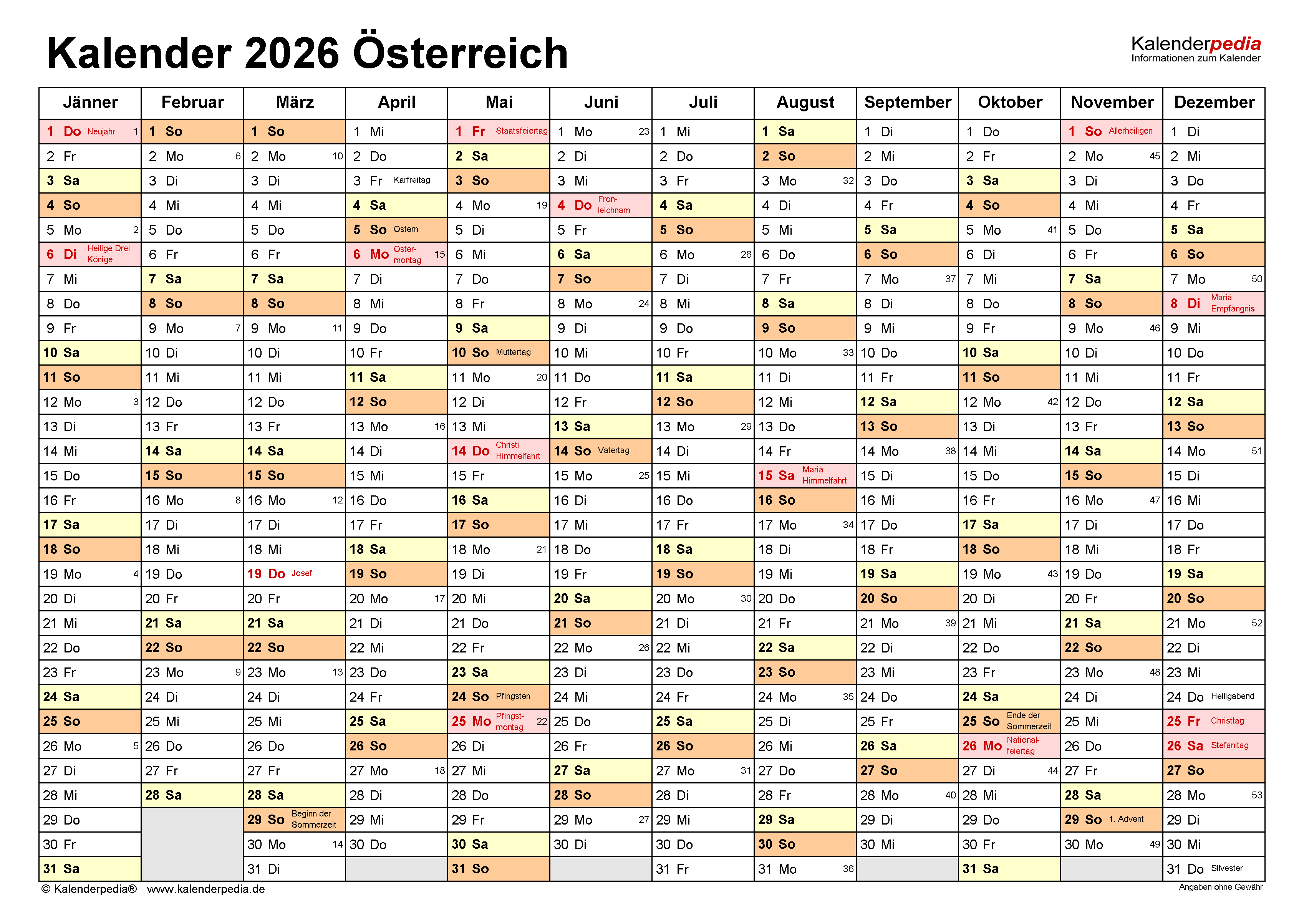 Kalender 2026 Österreich in Excel zum Ausdrucken